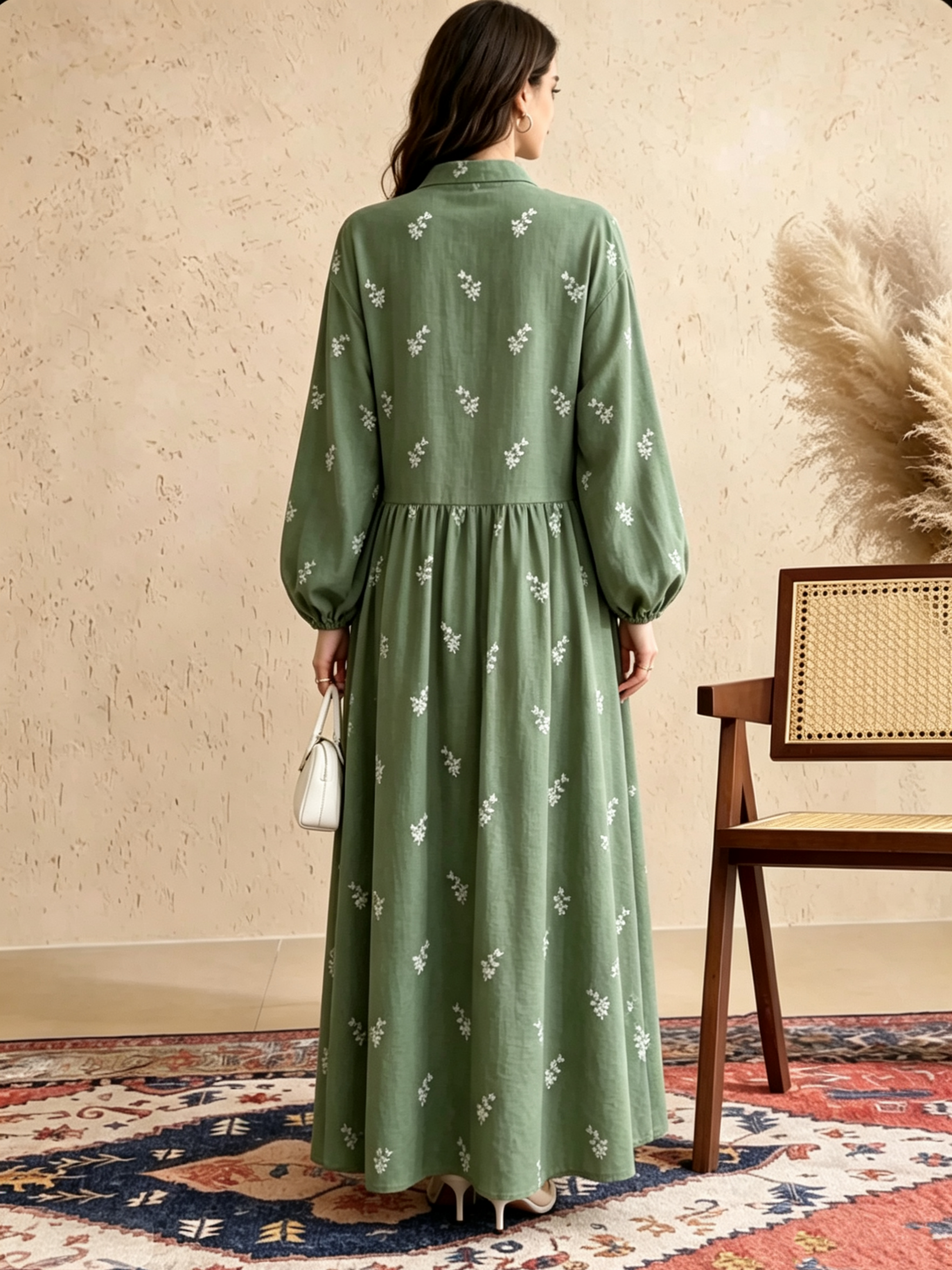 Green A-Line Maxi Dress with Floral Embroidery and Long Sleeves