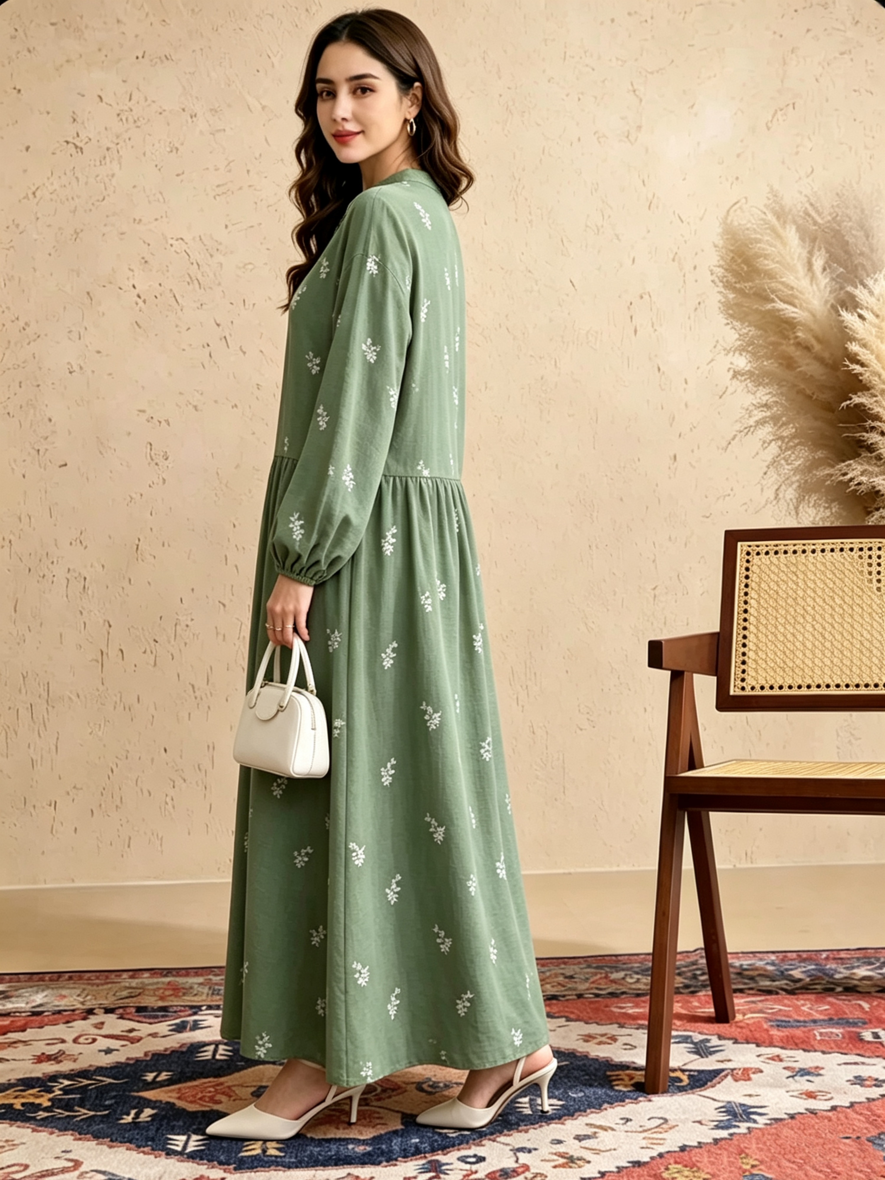 Green A-Line Maxi Dress with Floral Embroidery and Long Sleeves