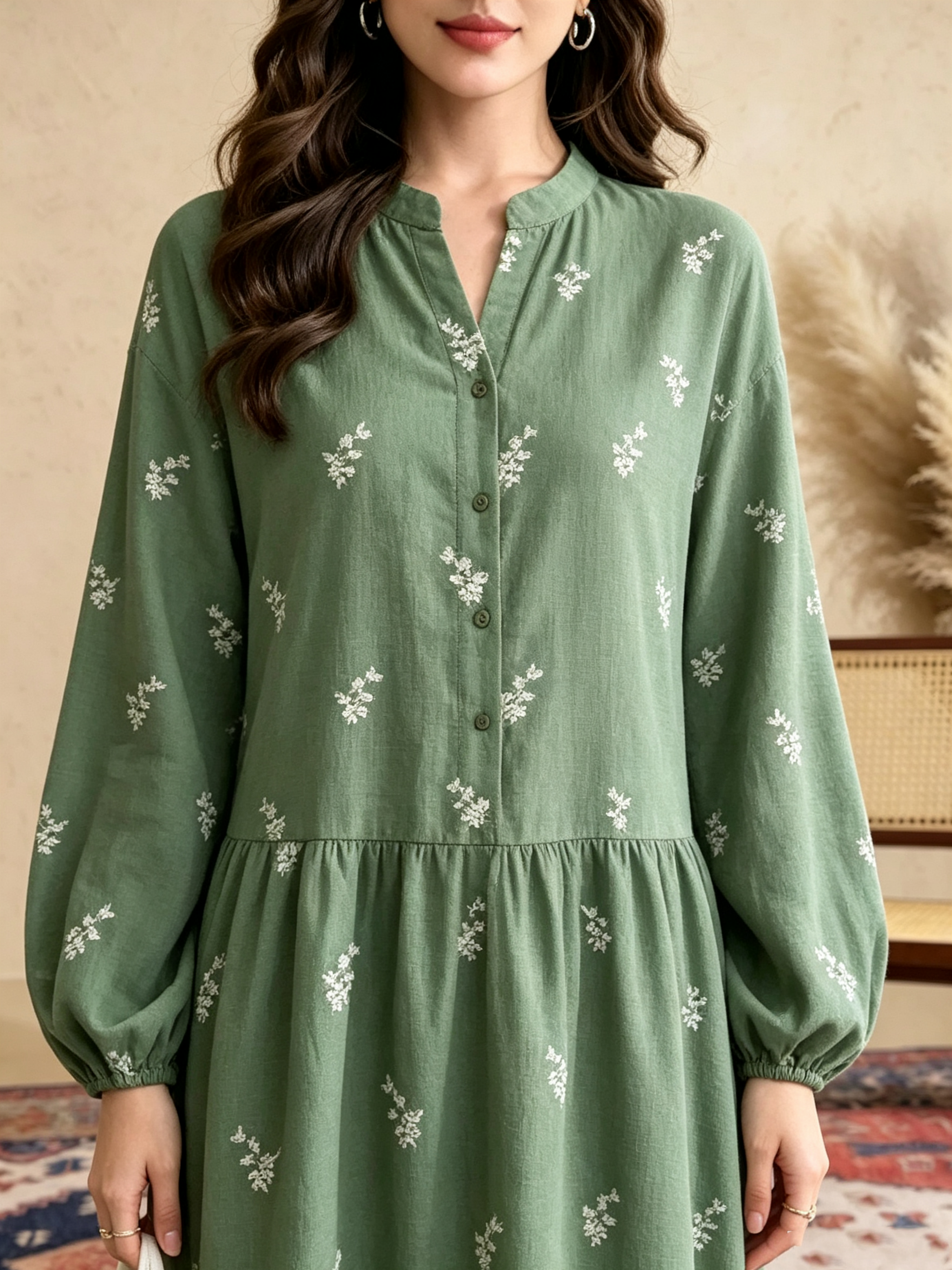 Green A-Line Maxi Dress with Floral Embroidery and Long Sleeves