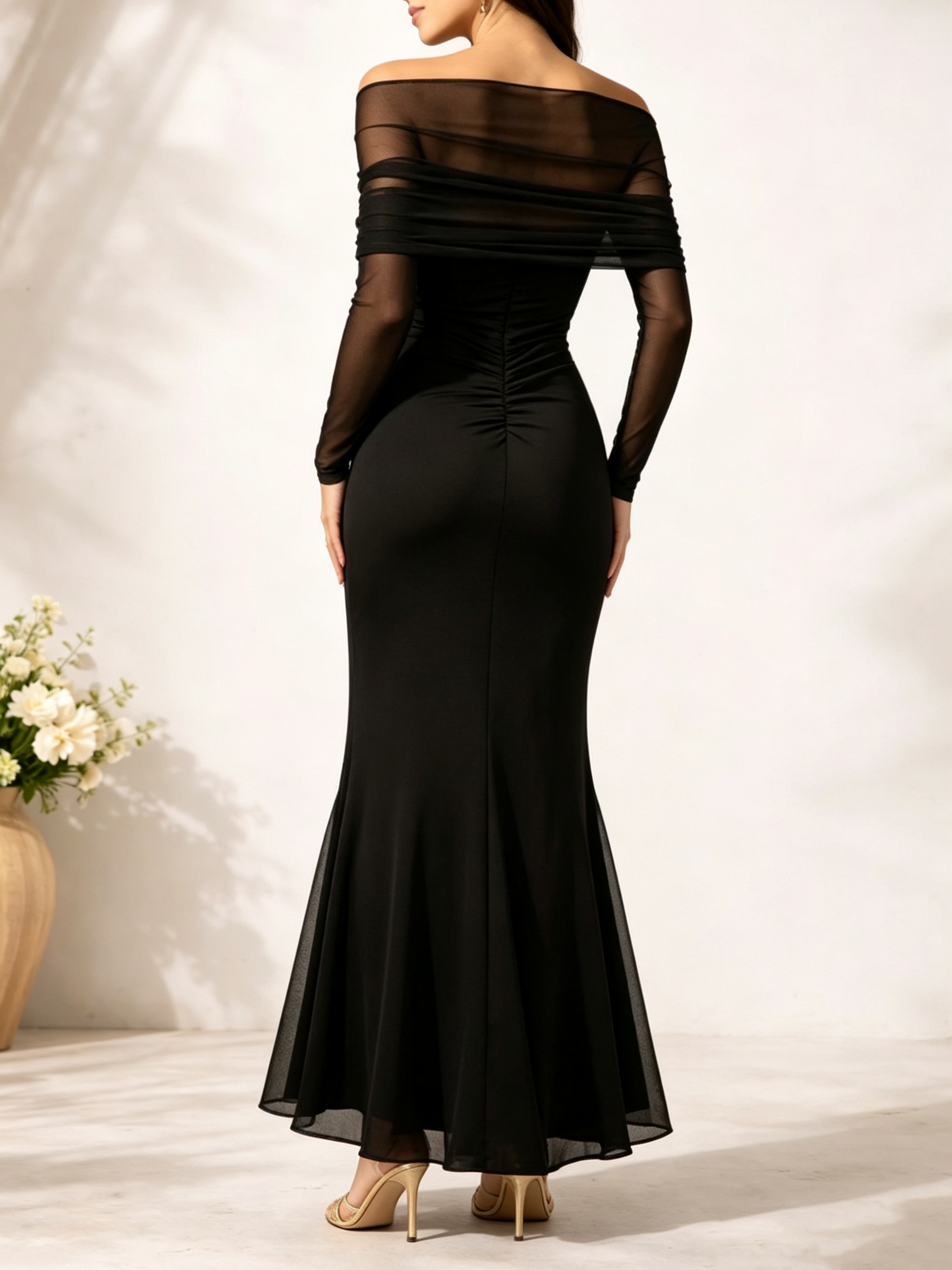 Black Off-Shoulder Bodycon Maxi Dress with Sheer Long Sleeves