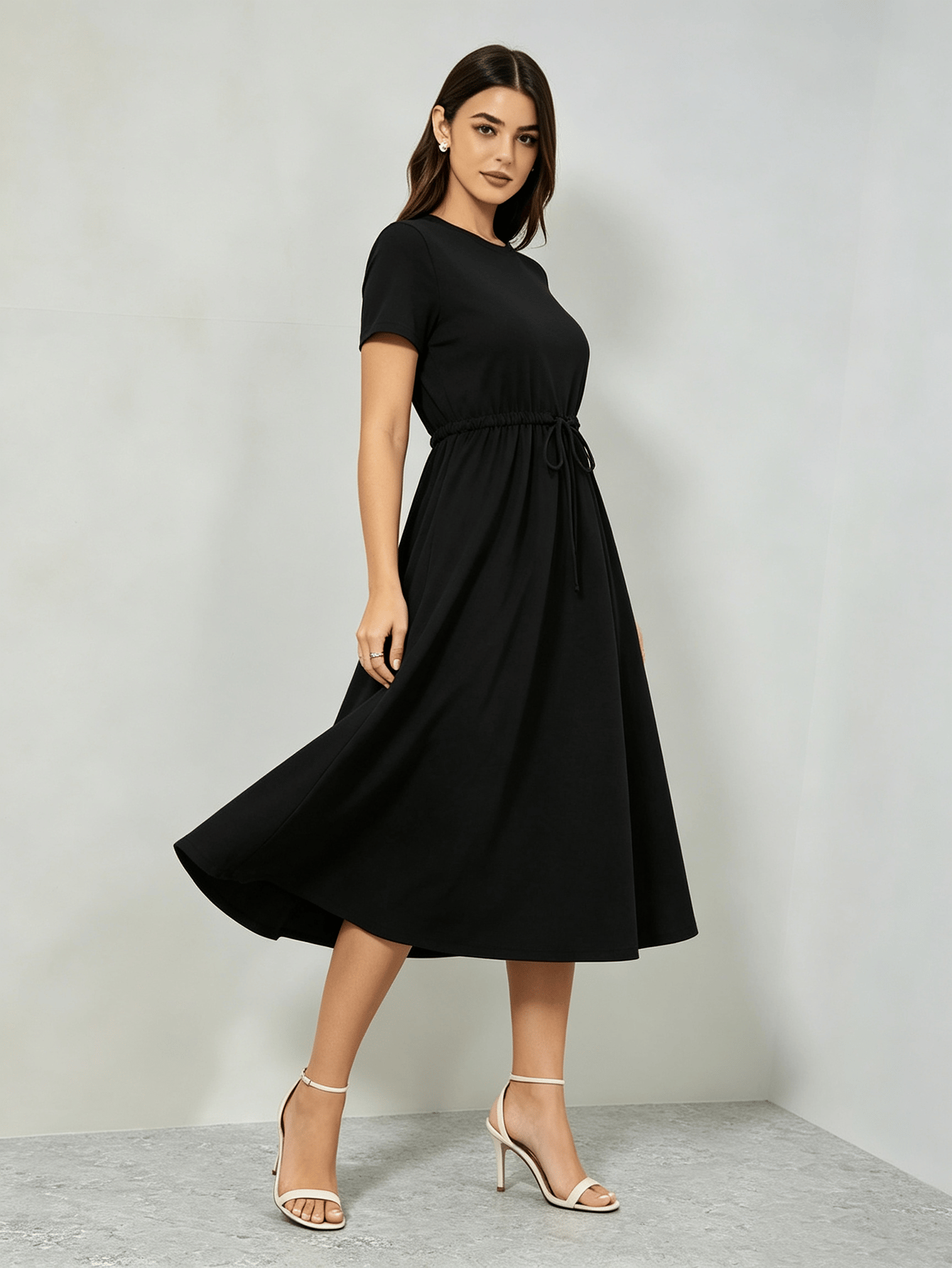 Black A-Line Midi Dress with Drawstring Waist and Short Sleeves