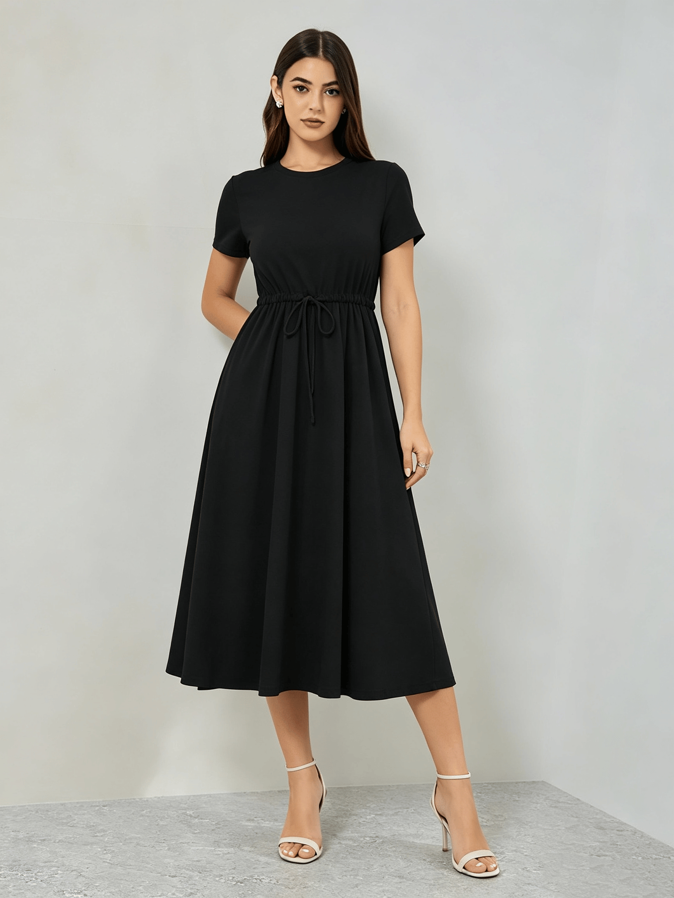 Black A-Line Midi Dress with Drawstring Waist and Short Sleeves