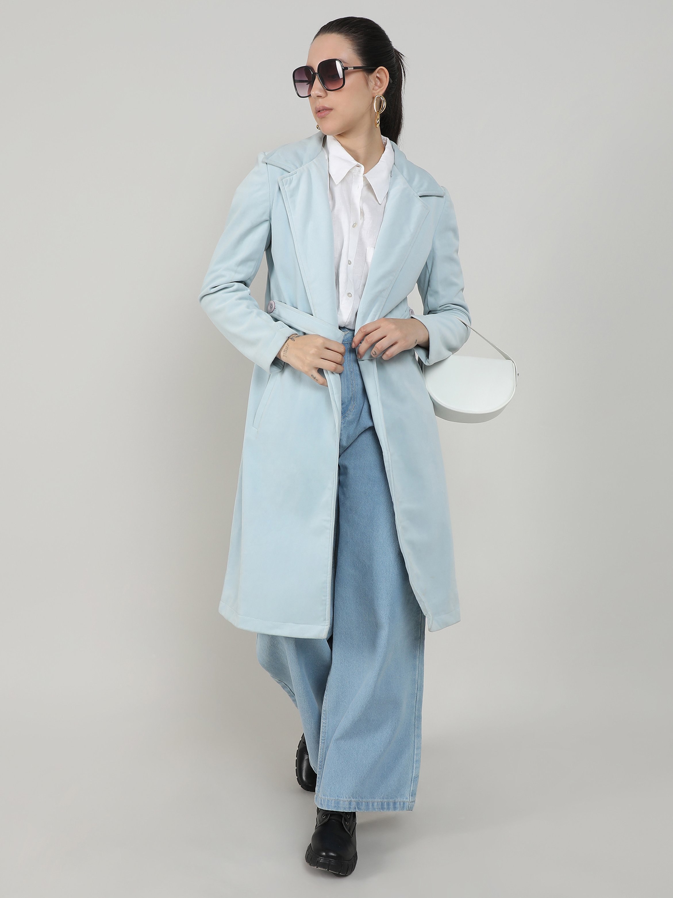 Light Blue Belted Longline Coat