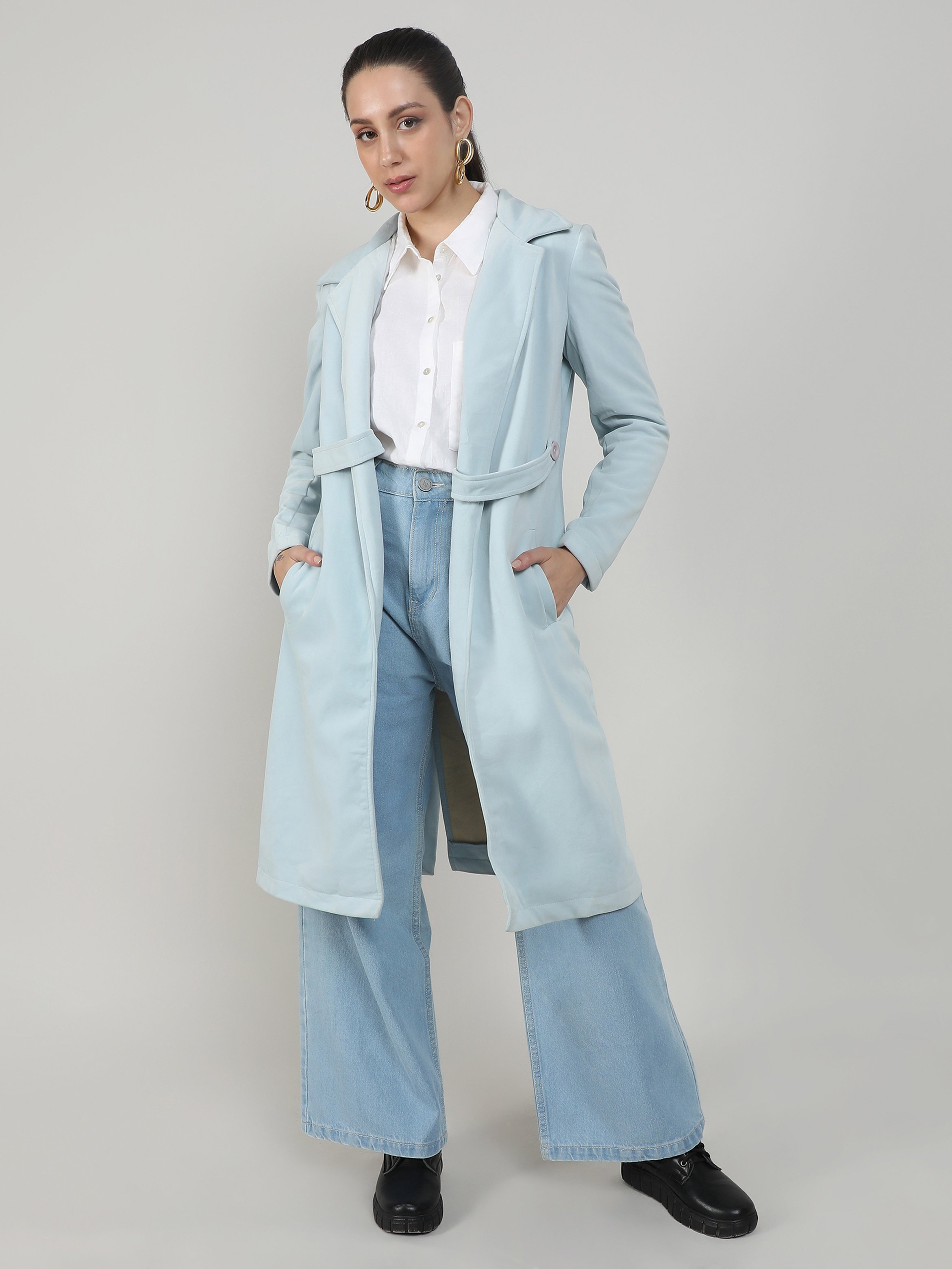 Light Blue Belted Longline Coat