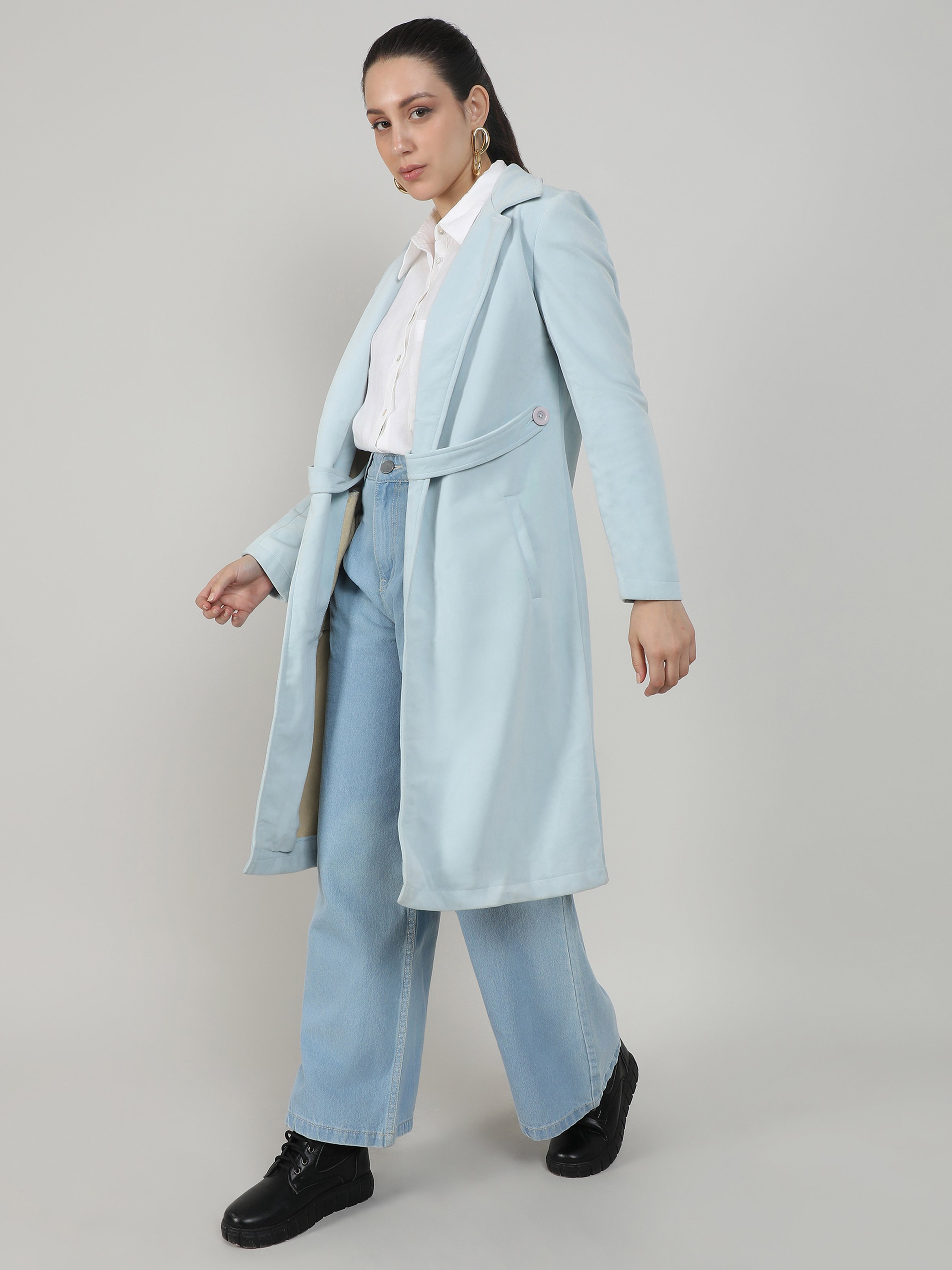 Light Blue Belted Longline Coat
