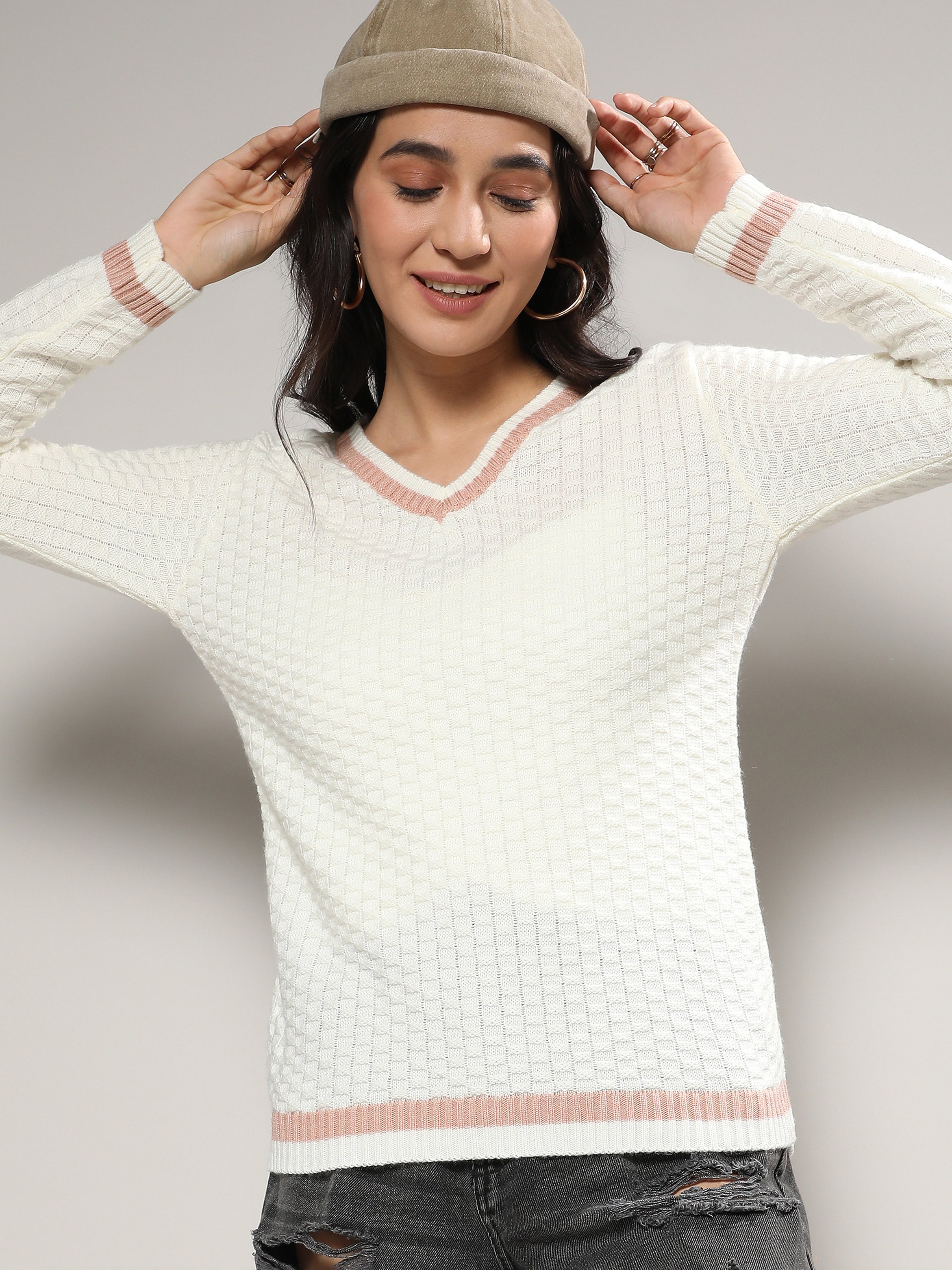 Off-White Knit Sweater with Pink Detail