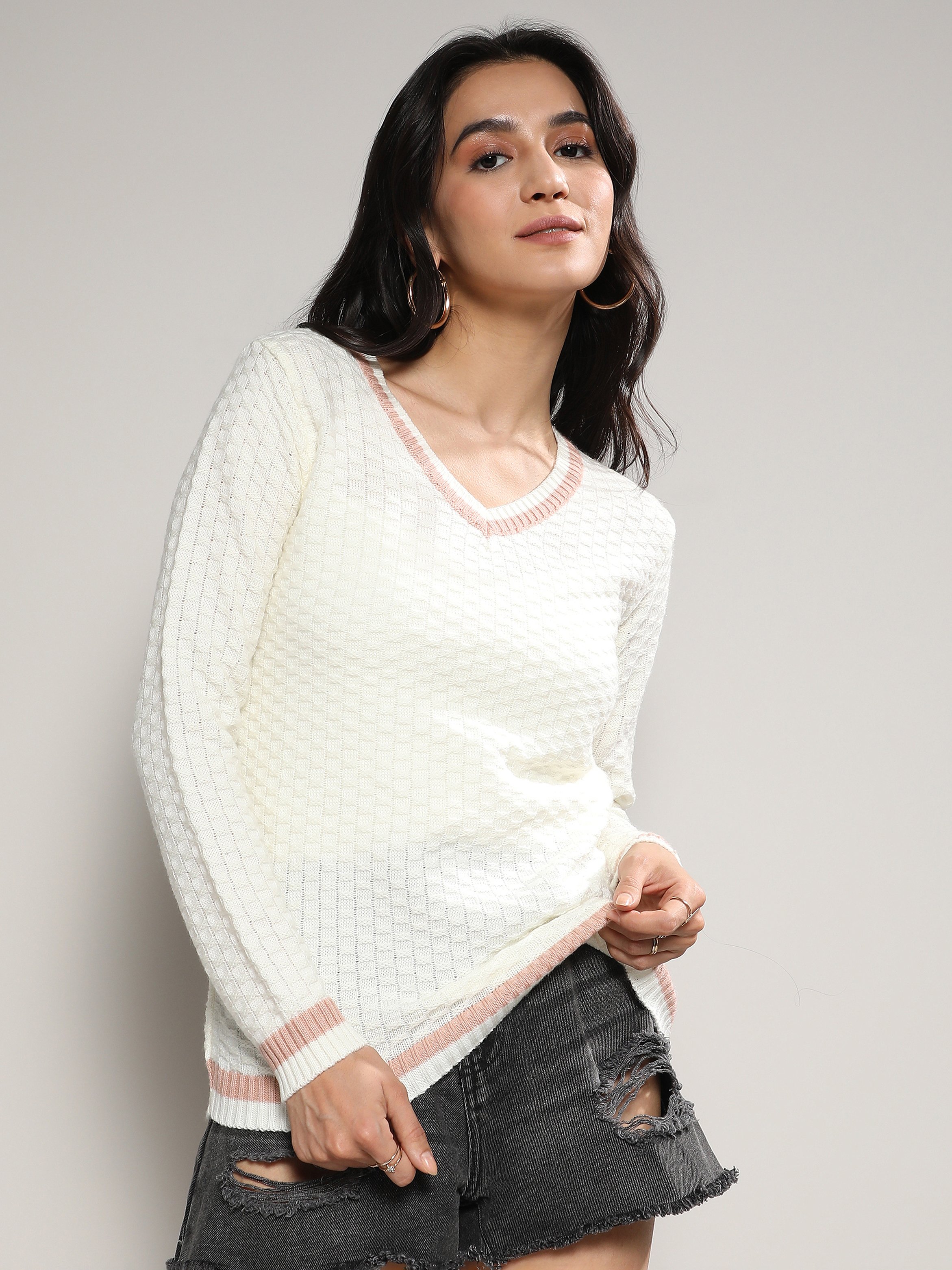Off-White Knit Sweater with Pink Detail