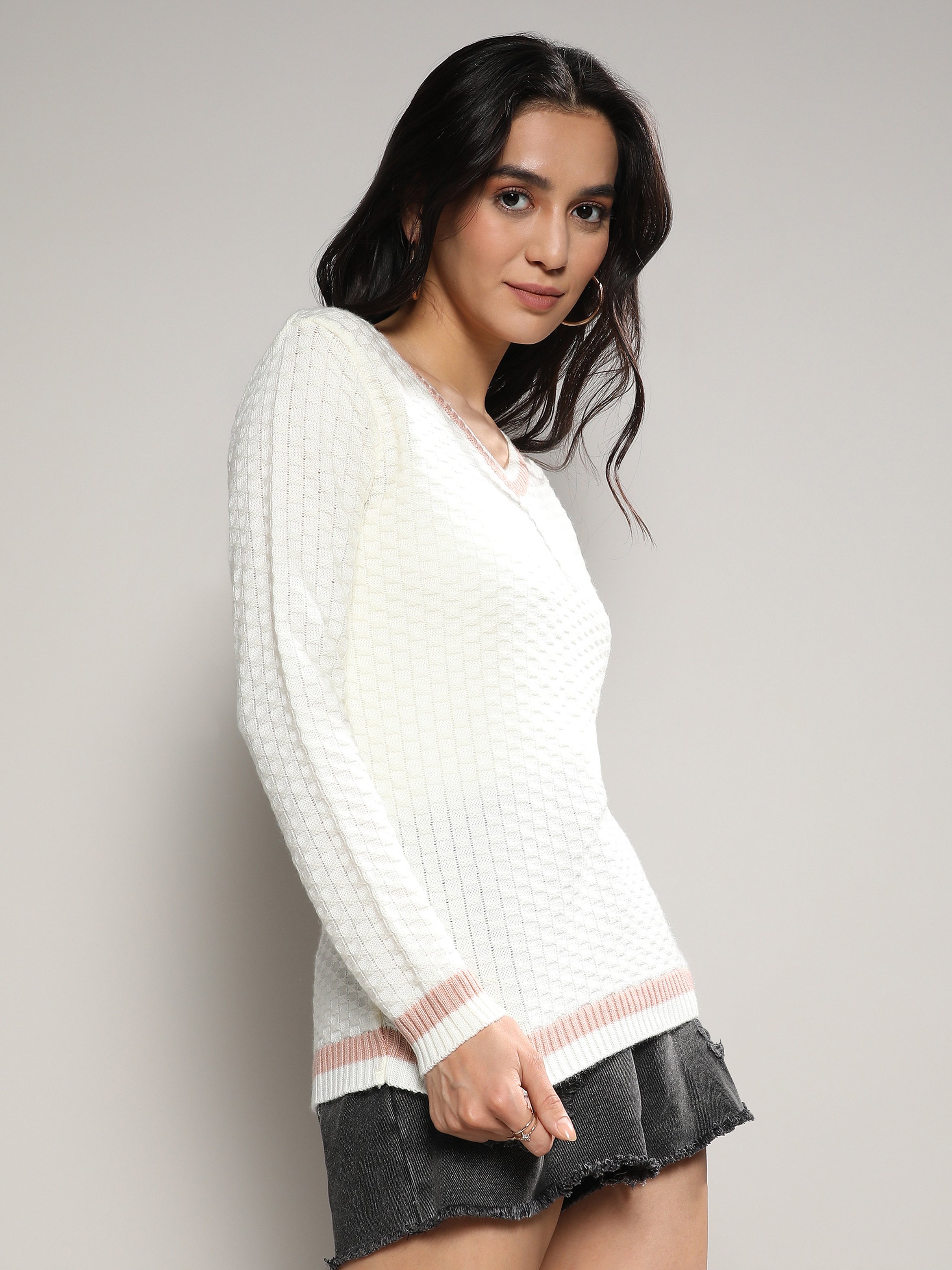 Off-White Knit Sweater with Pink Detail