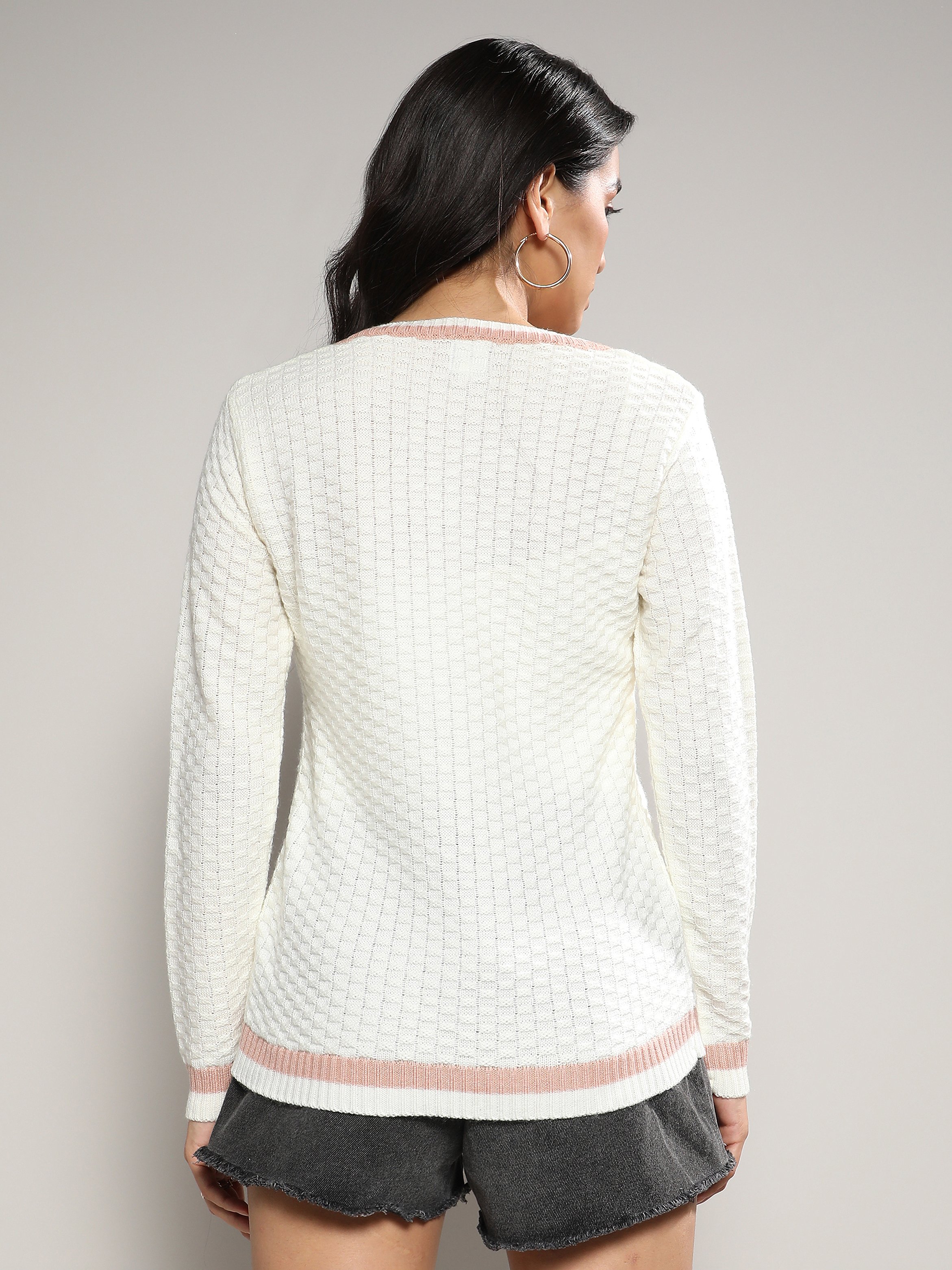 Off-White Knit Sweater with Pink Detail