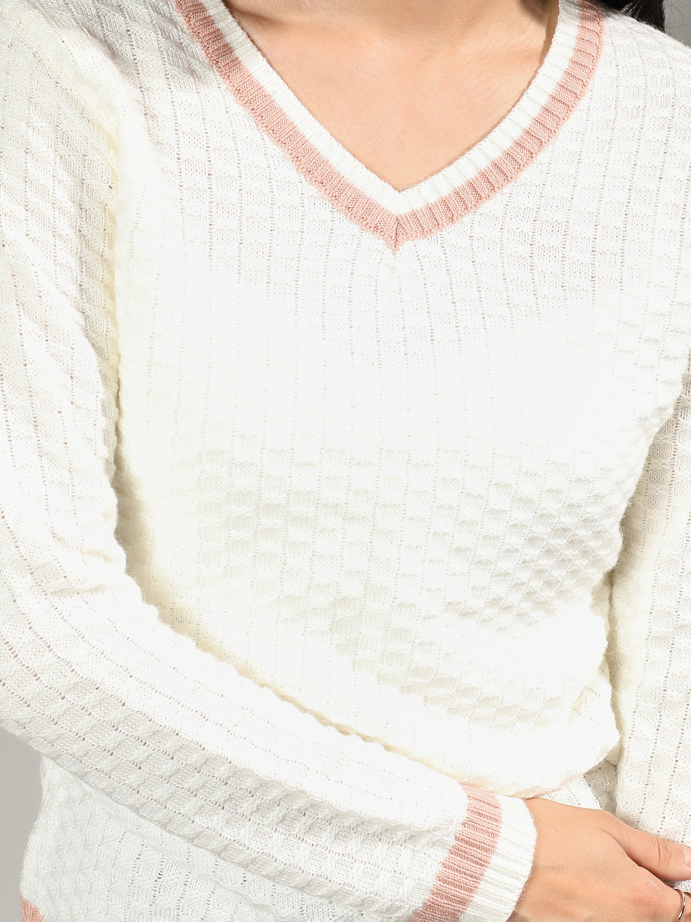 Off-White Knit Sweater with Pink Detail