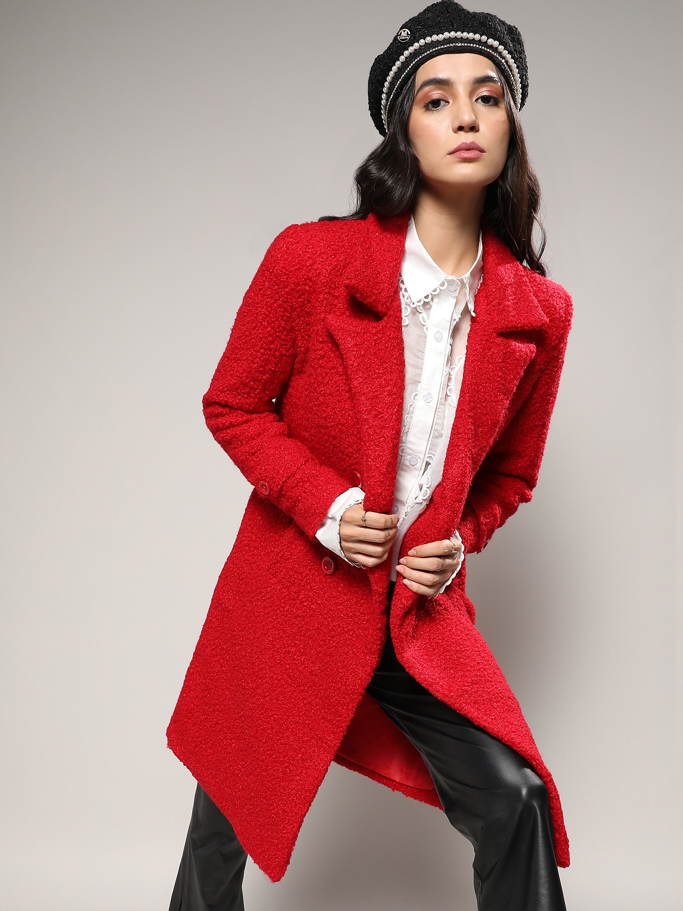 Red Textured Longline Coat