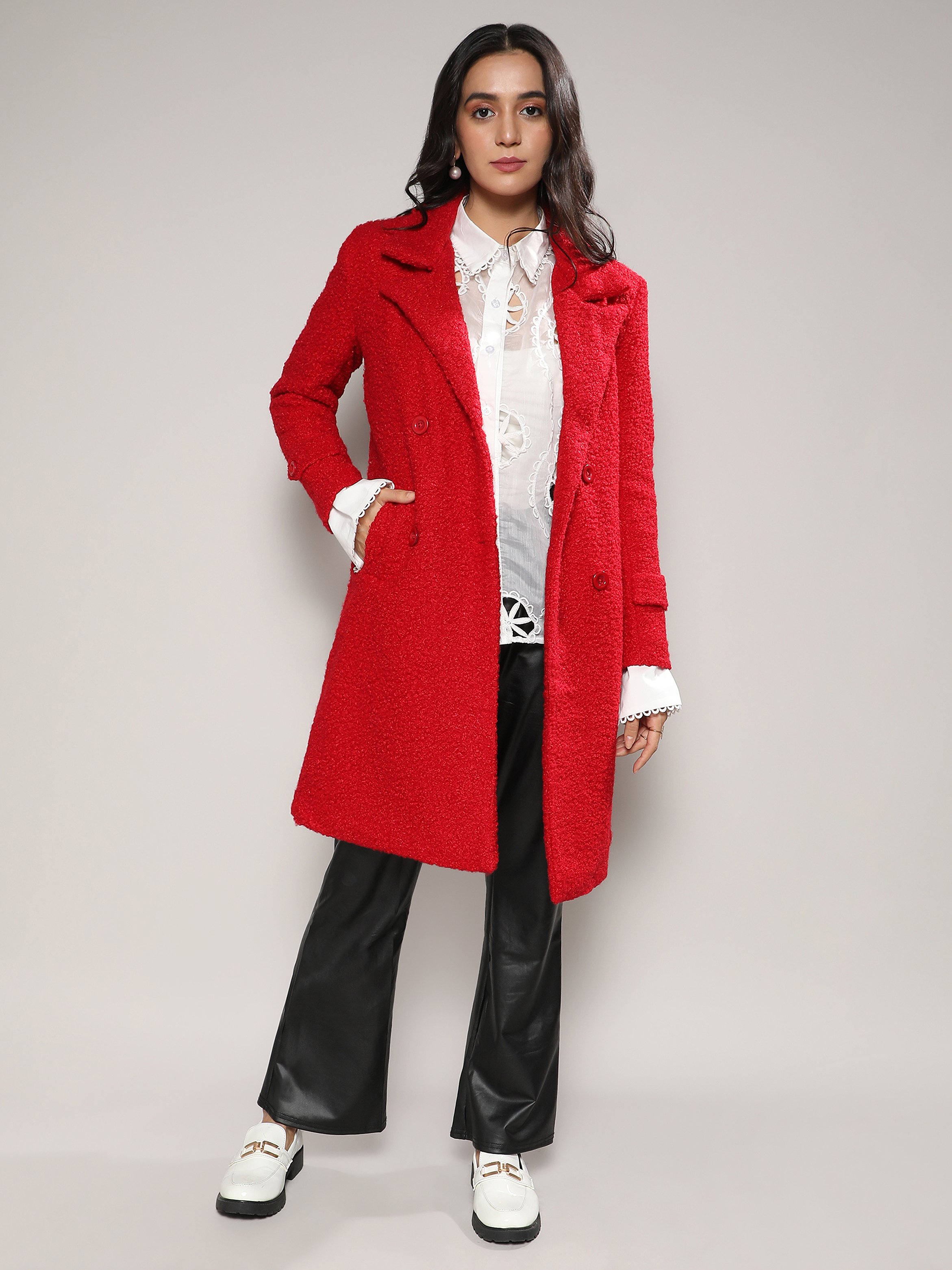 Red Textured Longline Coat