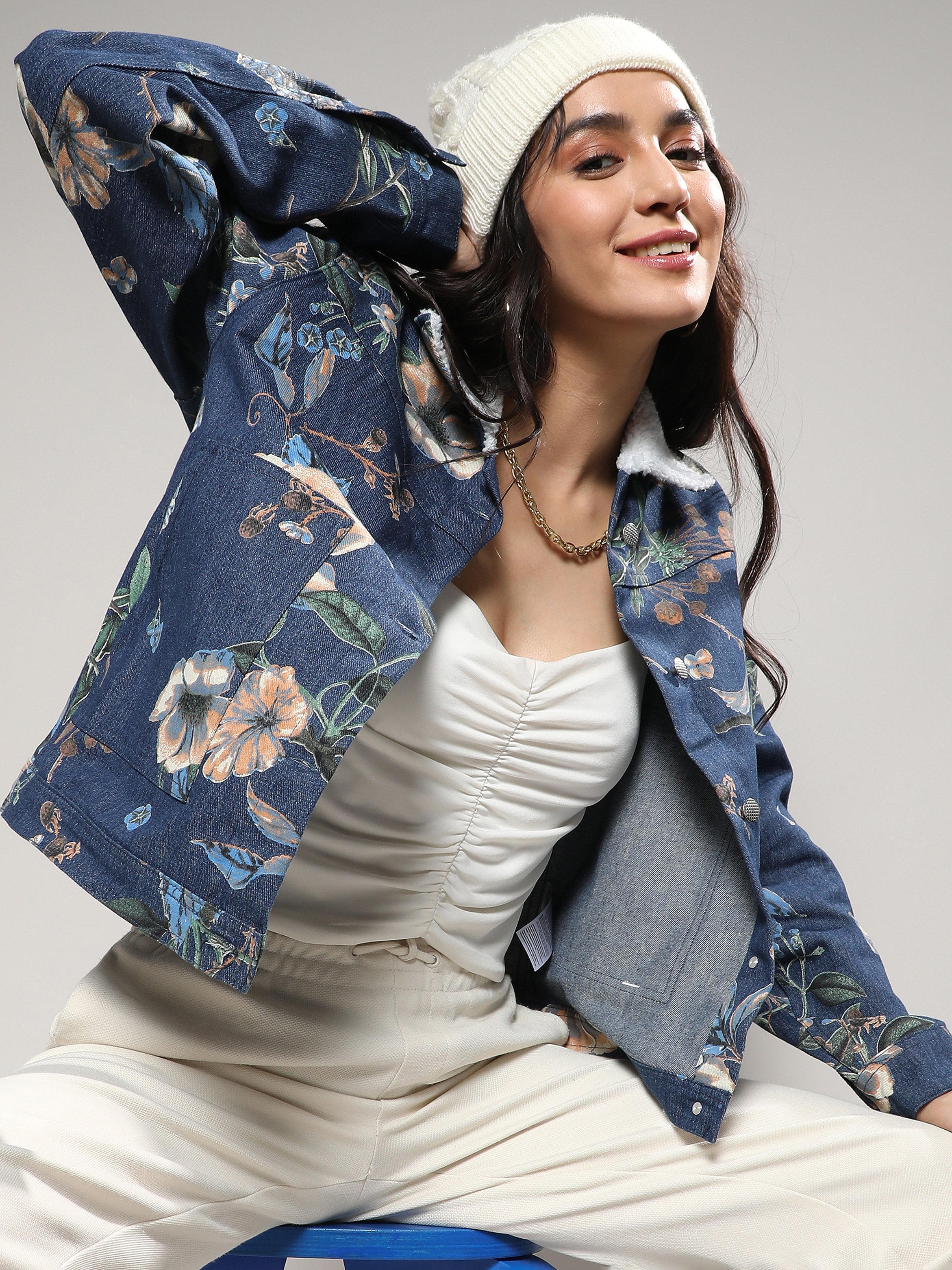 Blue Floral Denim Jacket