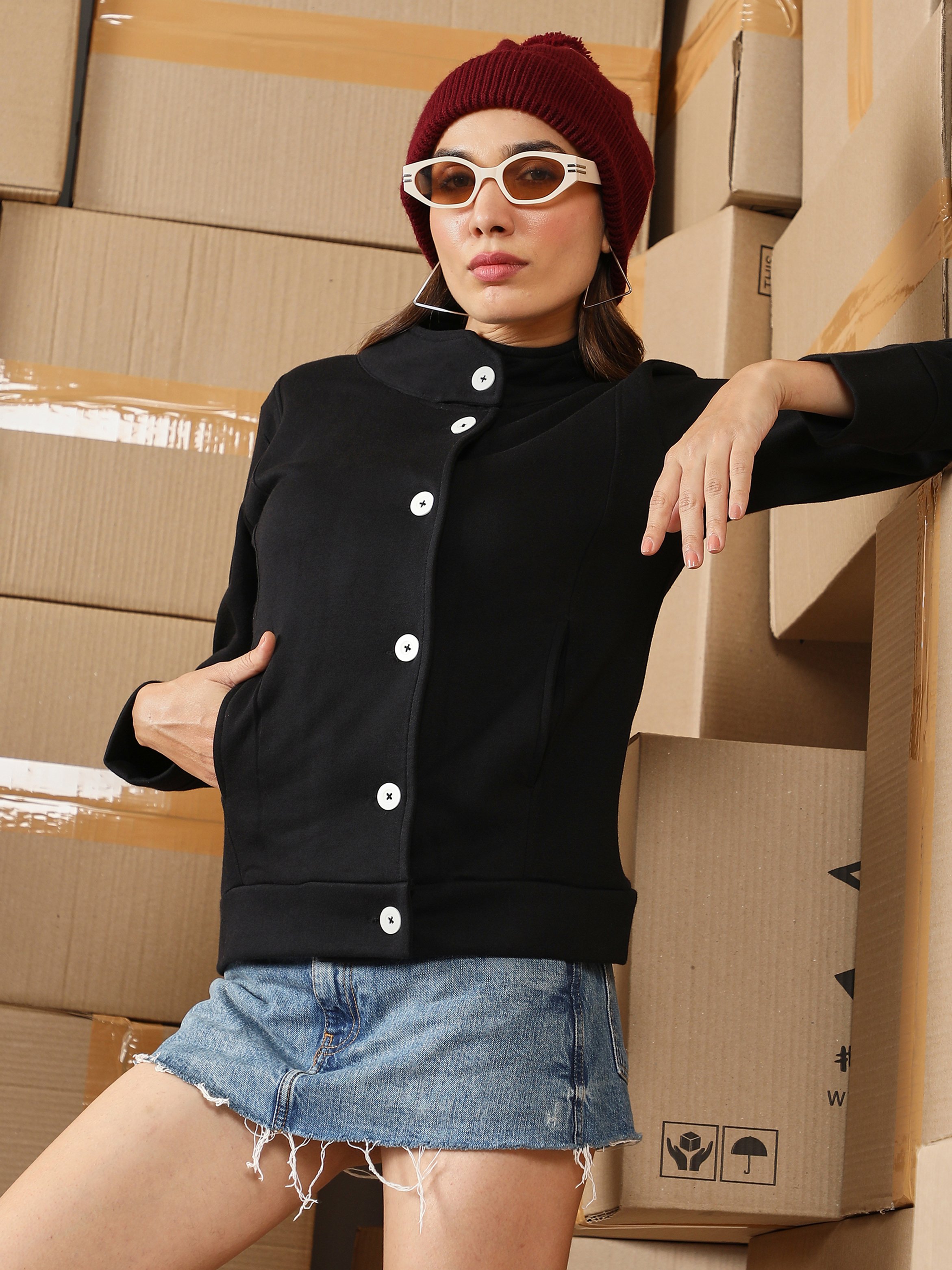 Black Knit Button-Up Jacket