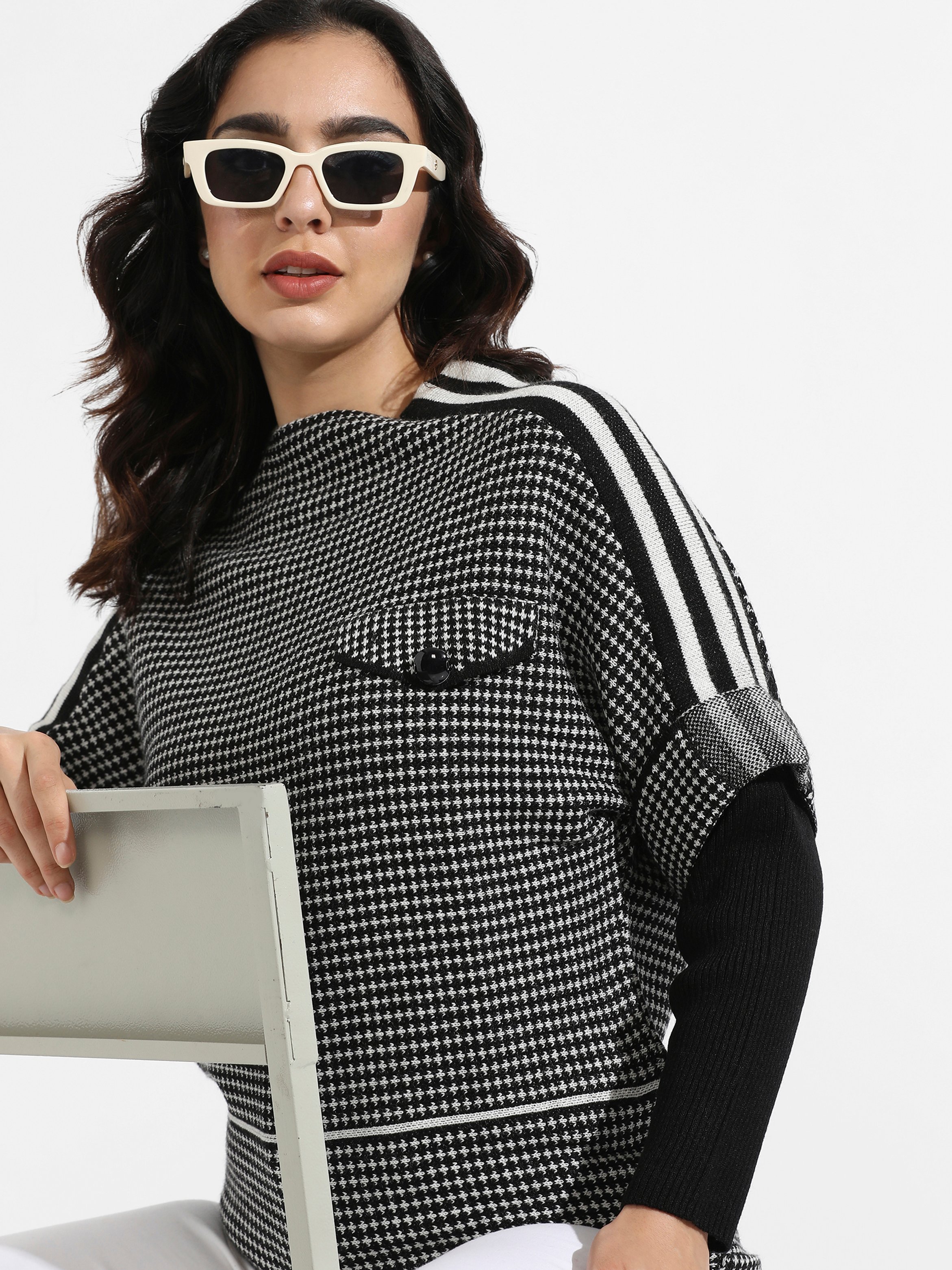 Black Houndstooth Knit Pullover with Striped Sleeves