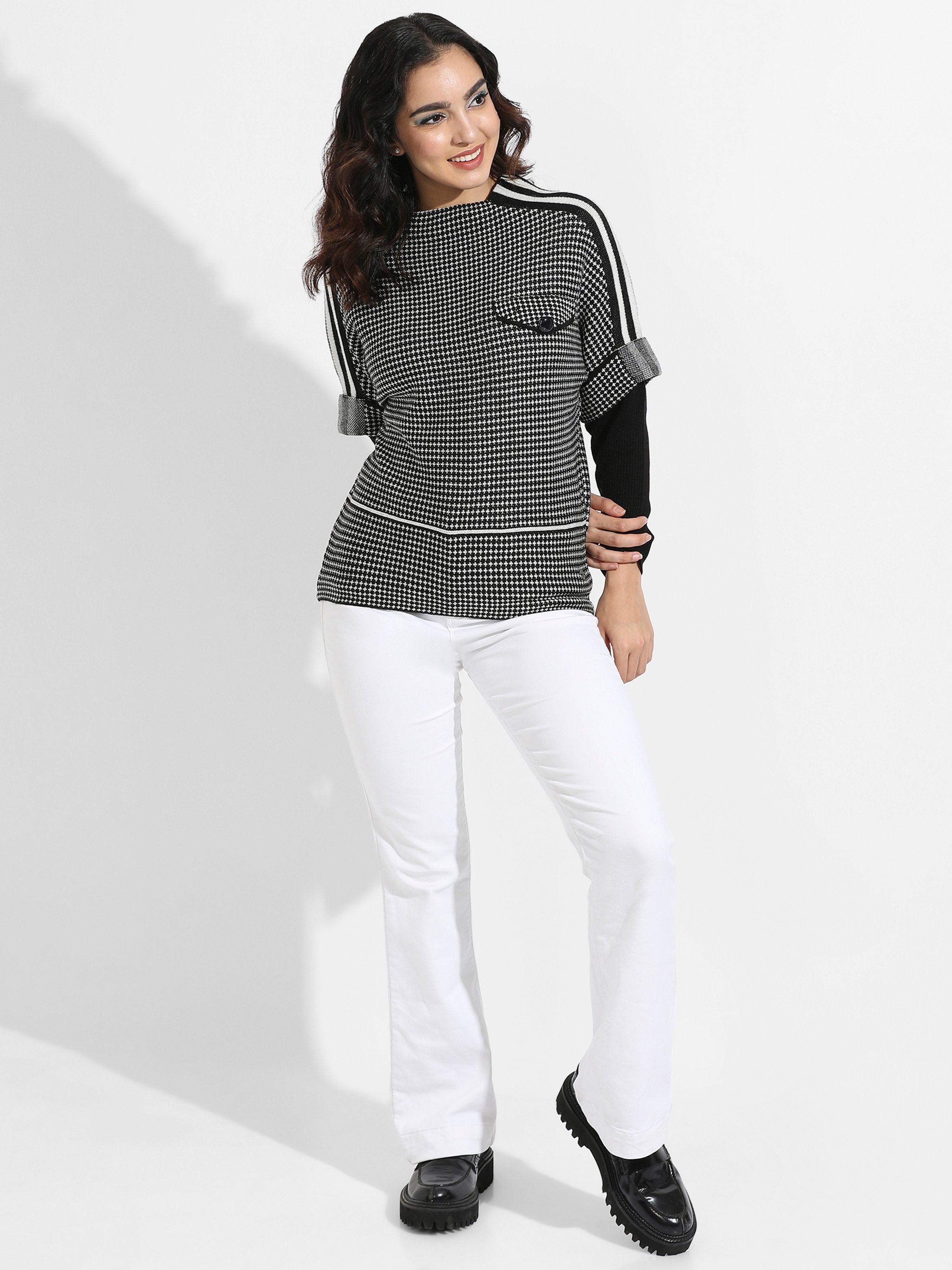 Black Houndstooth Knit Pullover with Striped Sleeves