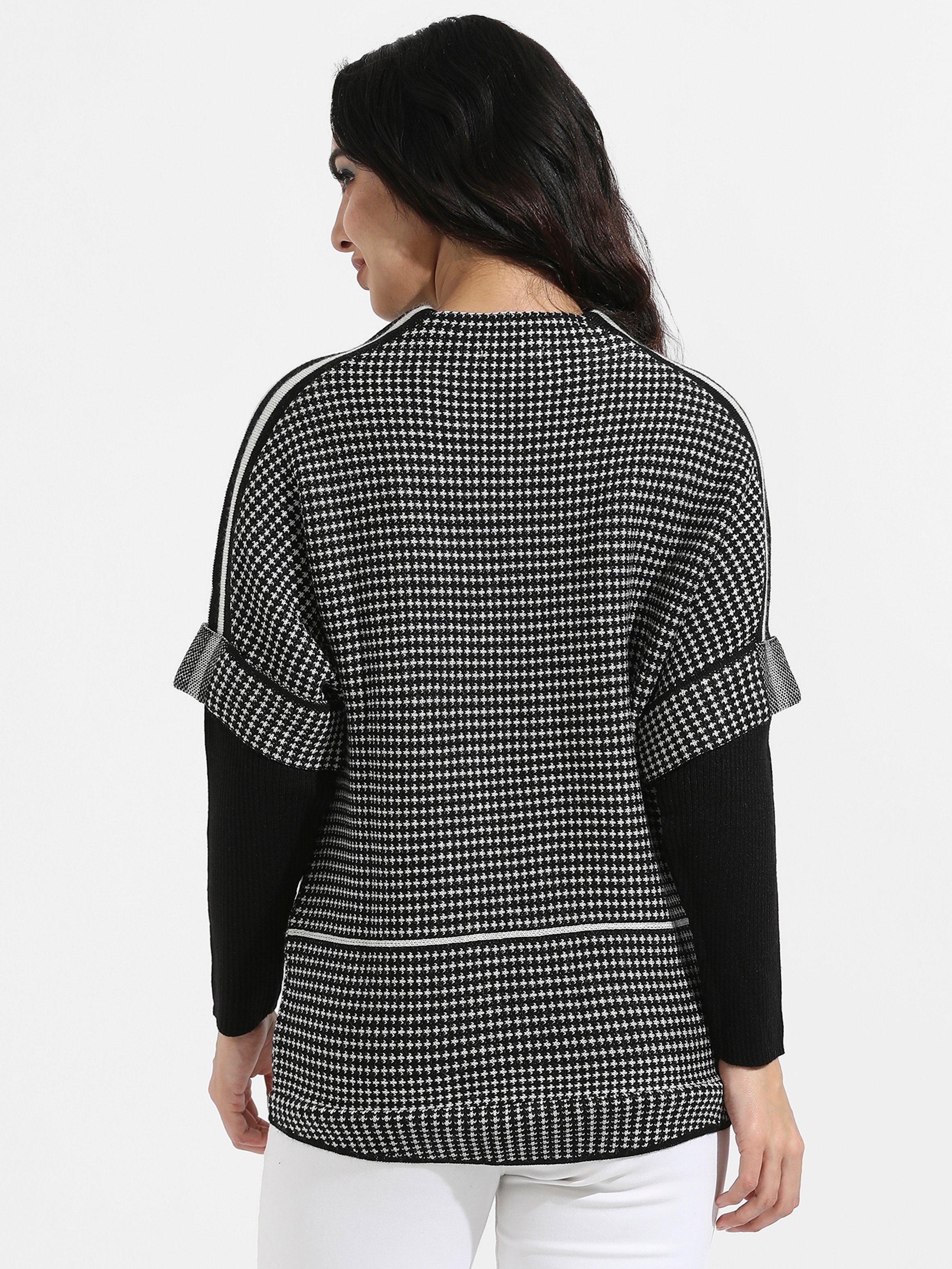 Black Houndstooth Knit Pullover with Striped Sleeves