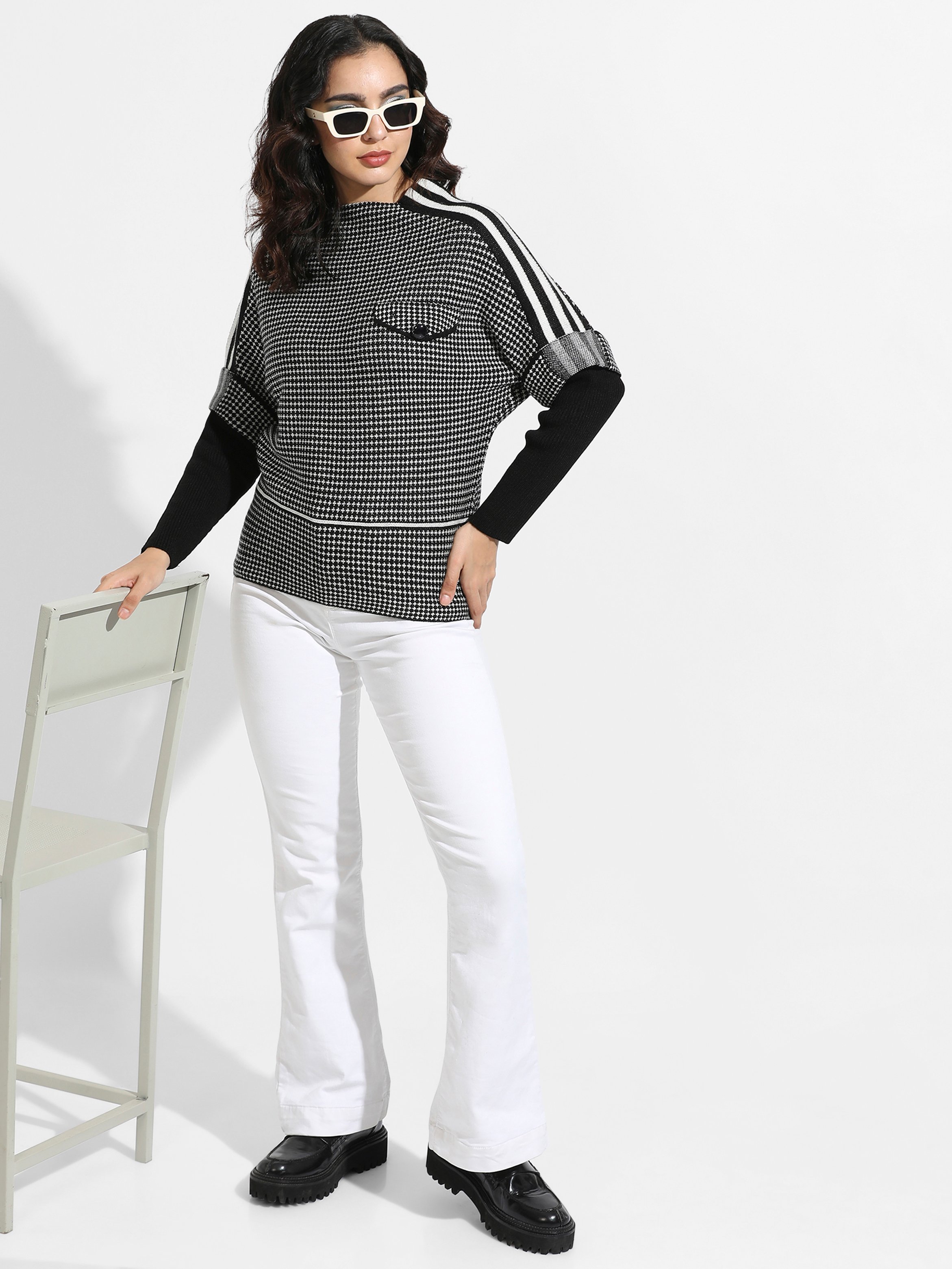 Black Houndstooth Knit Pullover with Striped Sleeves
