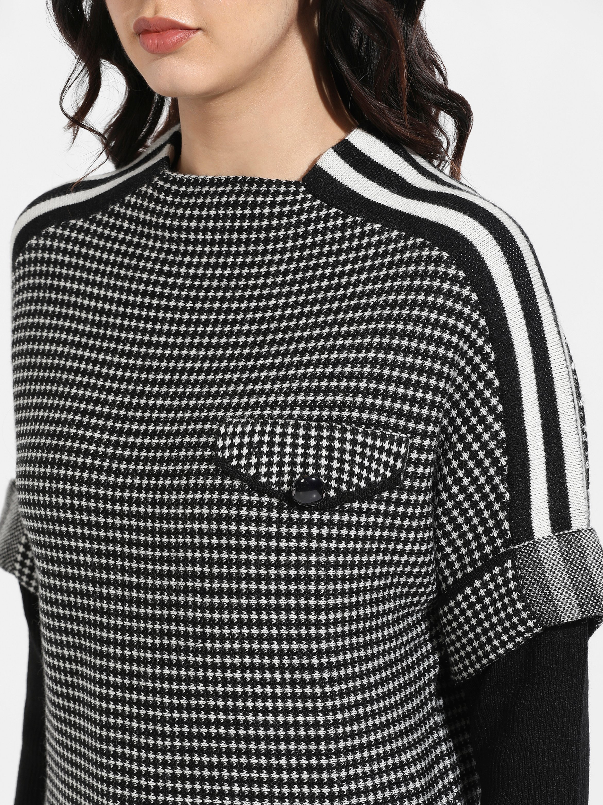 Black Houndstooth Knit Pullover with Striped Sleeves