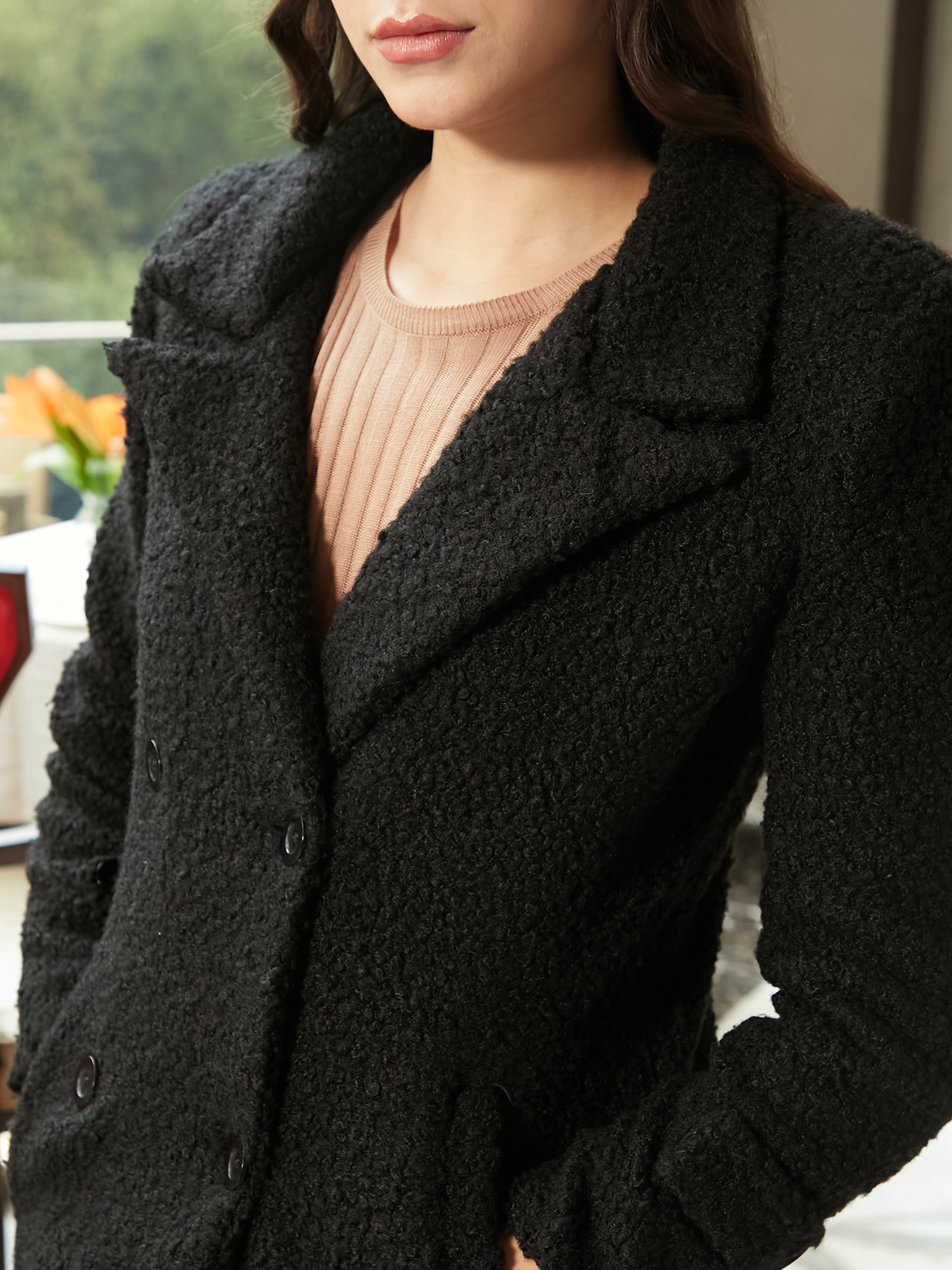 Black Double-Breasted Teddy Coat