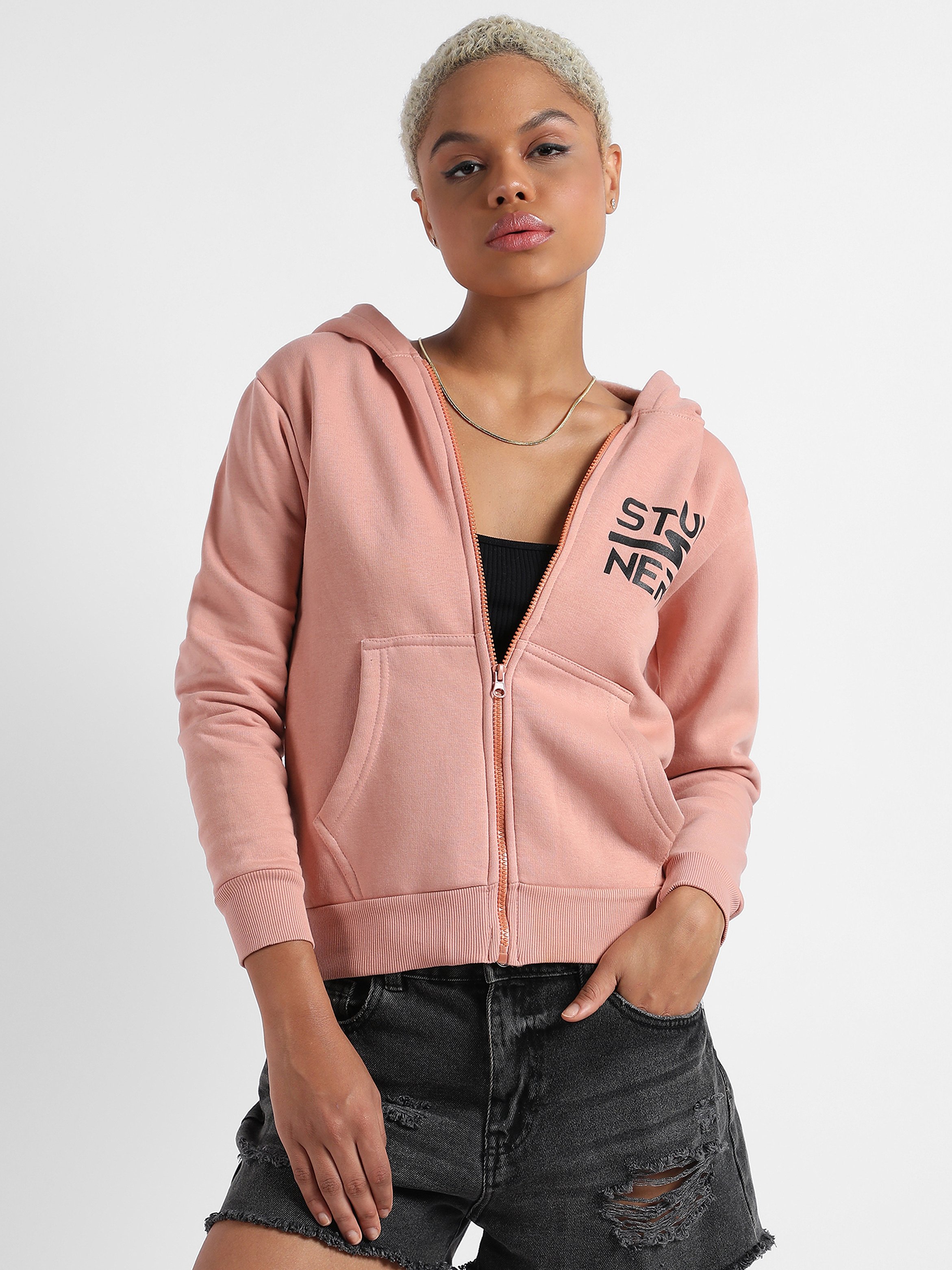 Pink Regular Fit Zip-Up Hoodie with Slogan Print