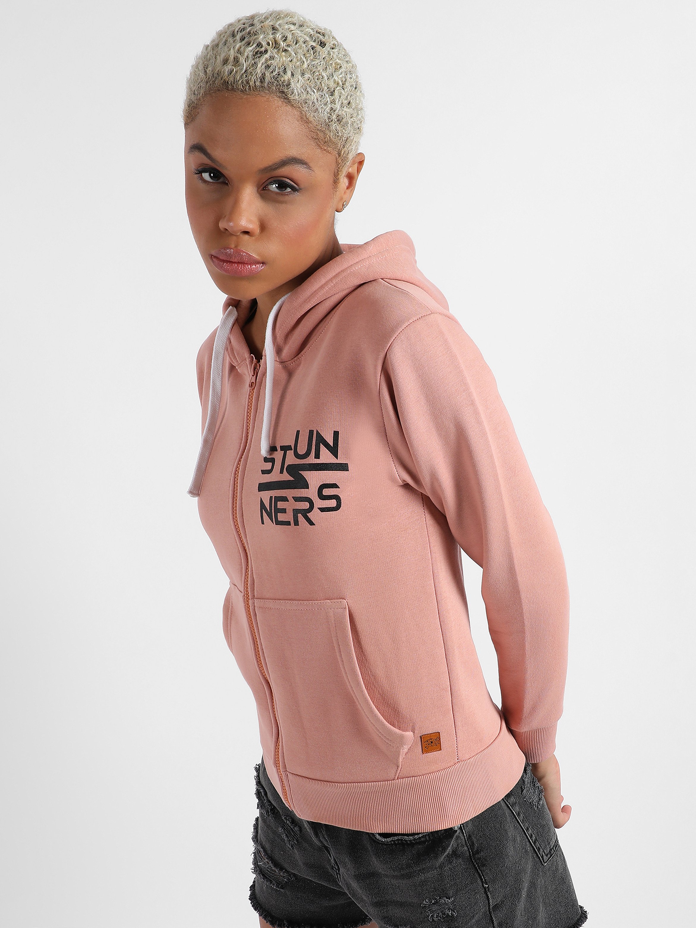 Pink Regular Fit Zip-Up Hoodie with Slogan Print