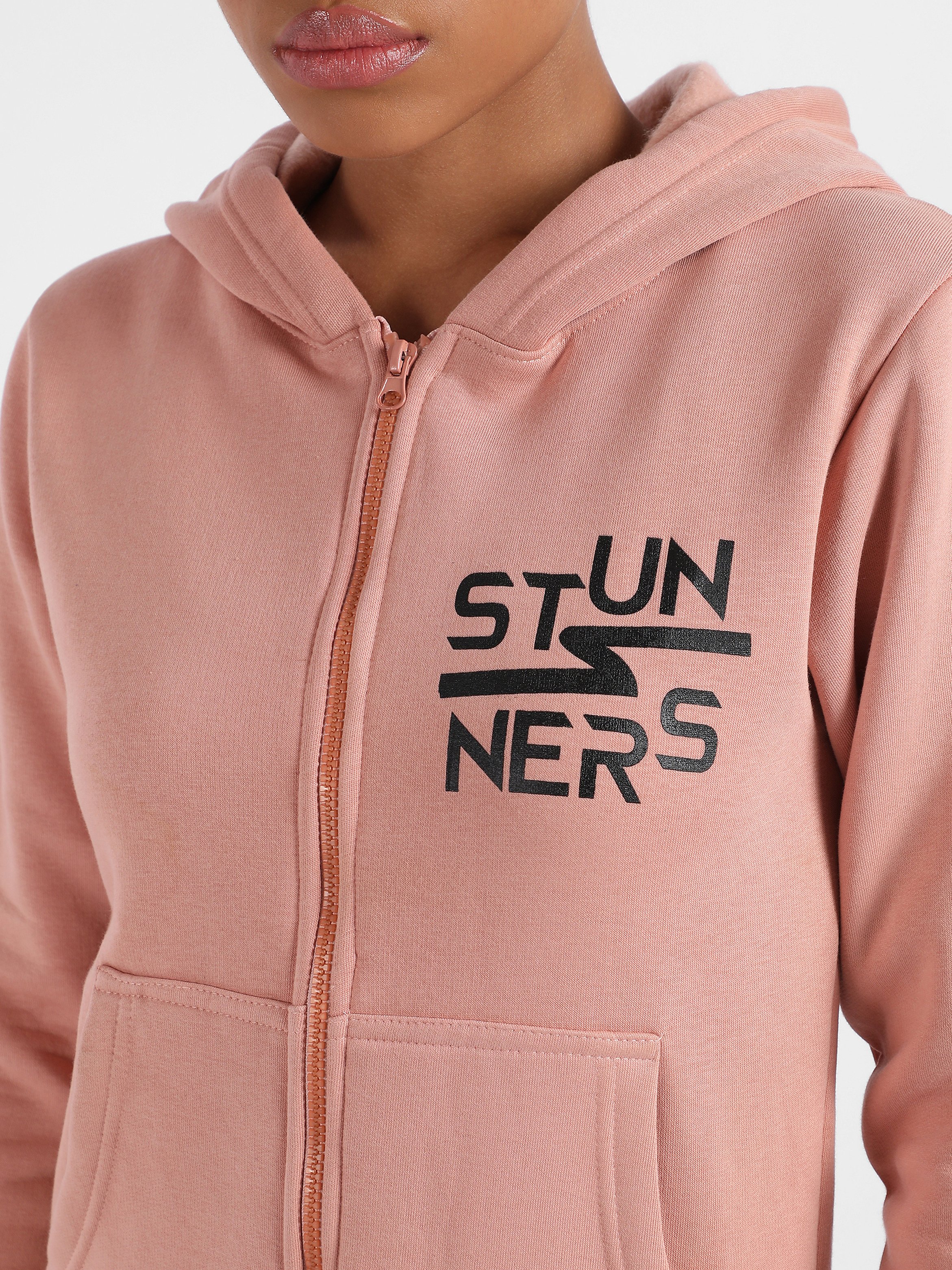 Pink Regular Fit Zip-Up Hoodie with Slogan Print