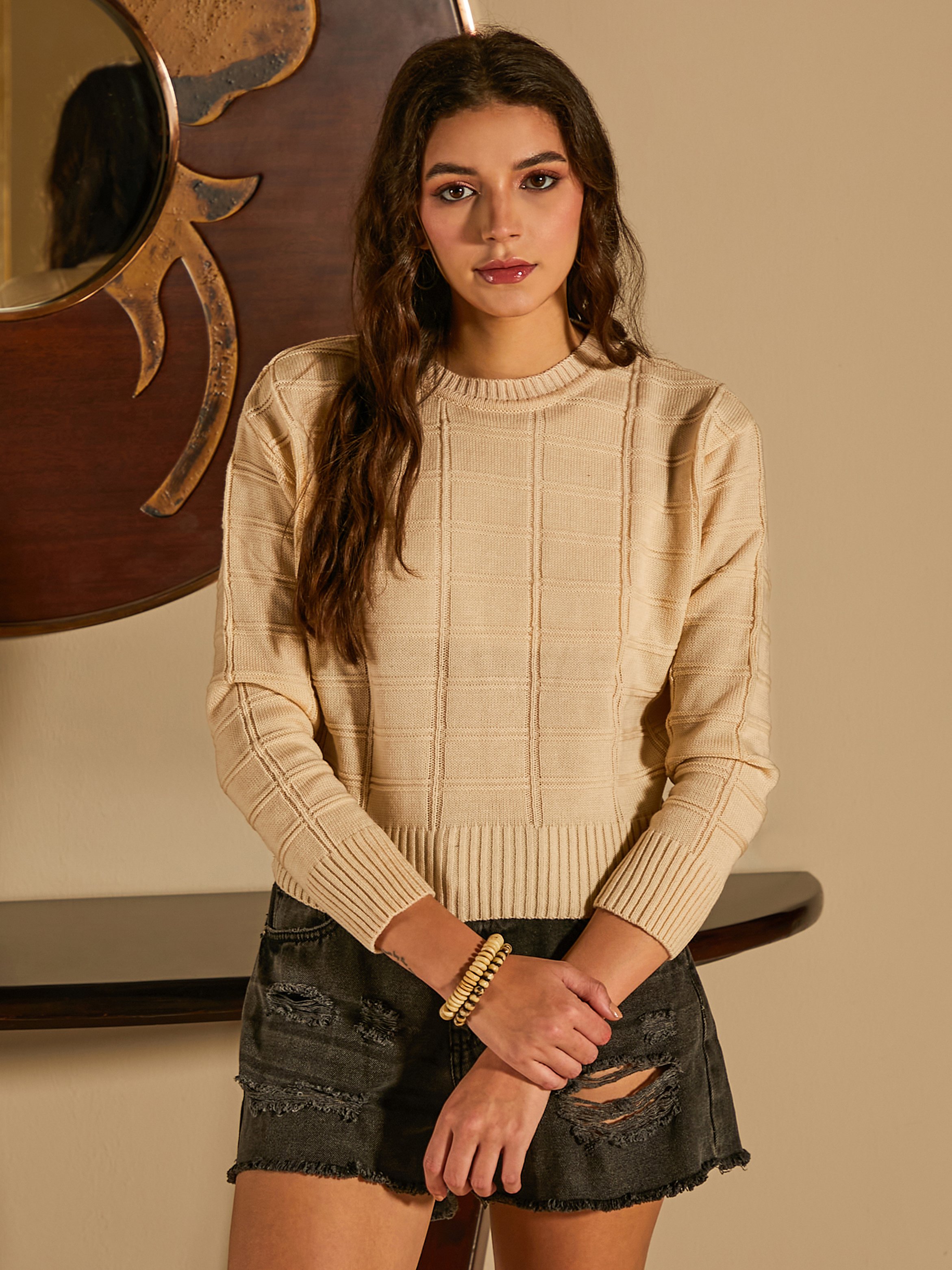Beige Geometric Knit Pullover Sweater