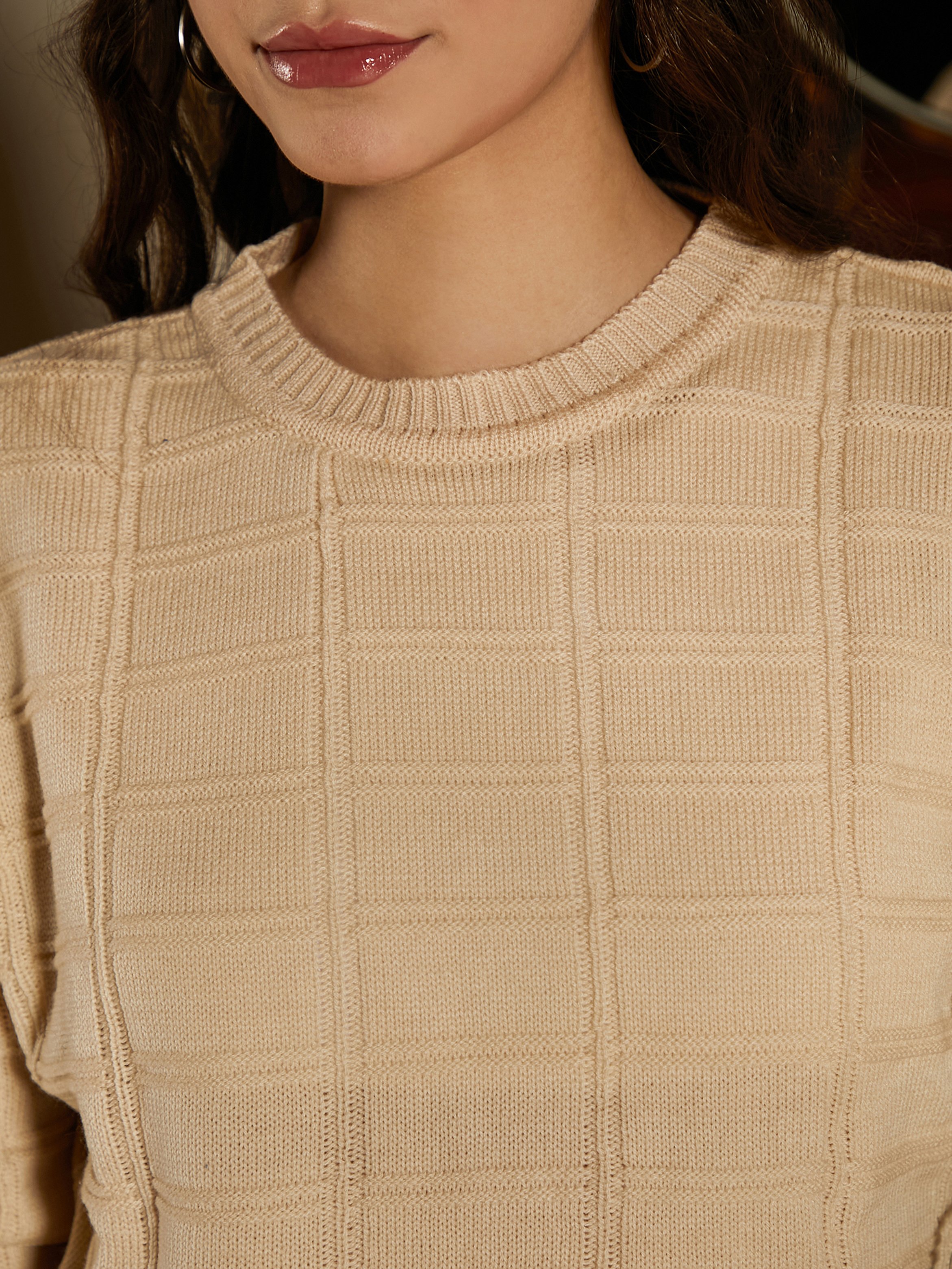 Beige Geometric Knit Pullover Sweater