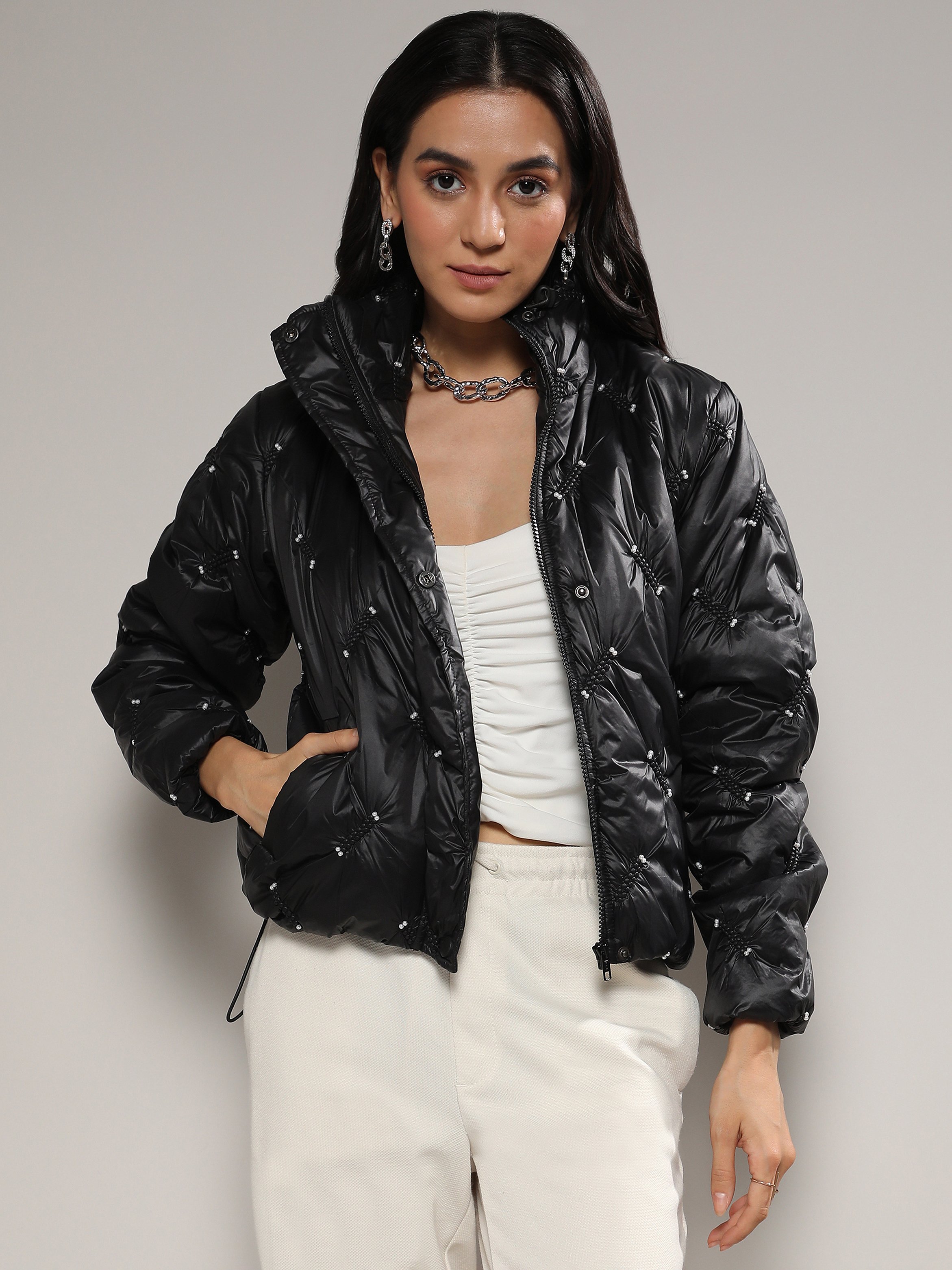 Black Quilted Puffer Jacket with Pearl Accents