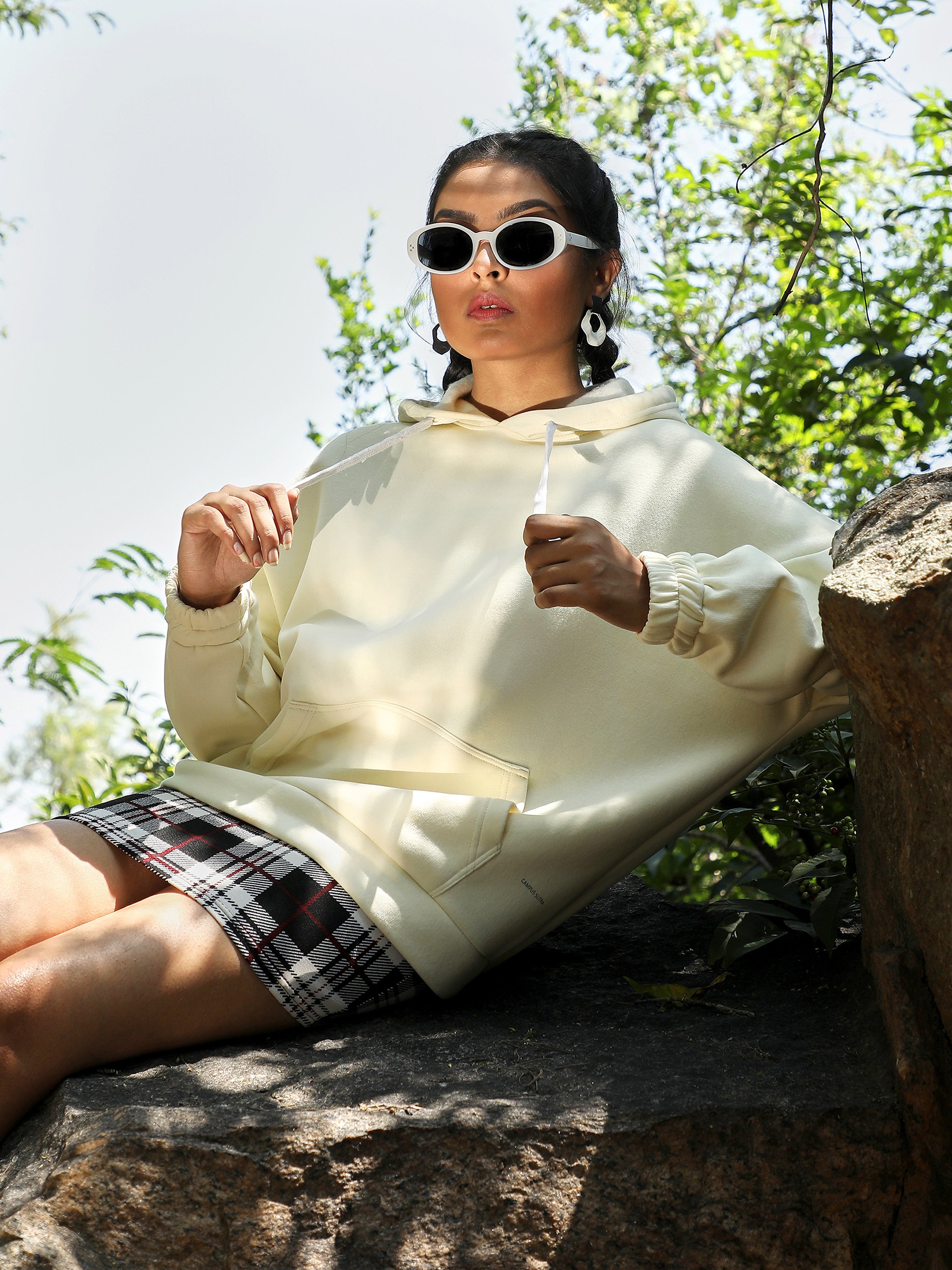 Off-White Longline Hoodie with Kangaroo Pocket