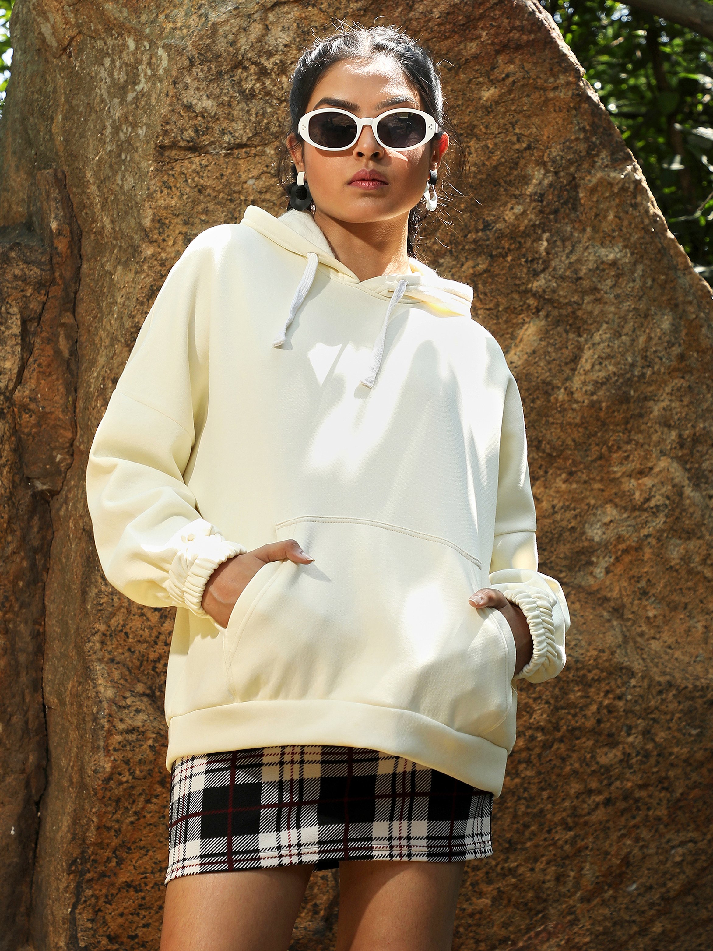 Off-White Longline Hoodie with Kangaroo Pocket