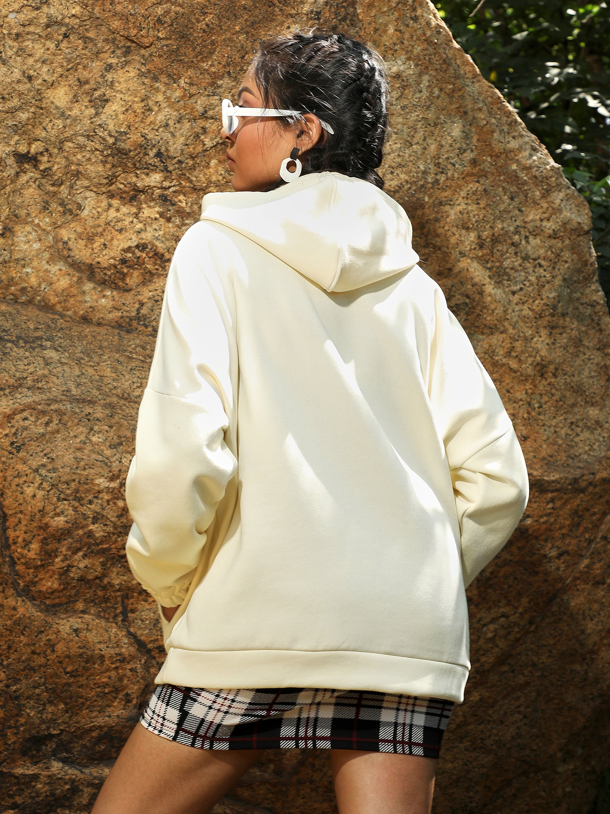 Off-White Longline Hoodie with Kangaroo Pocket