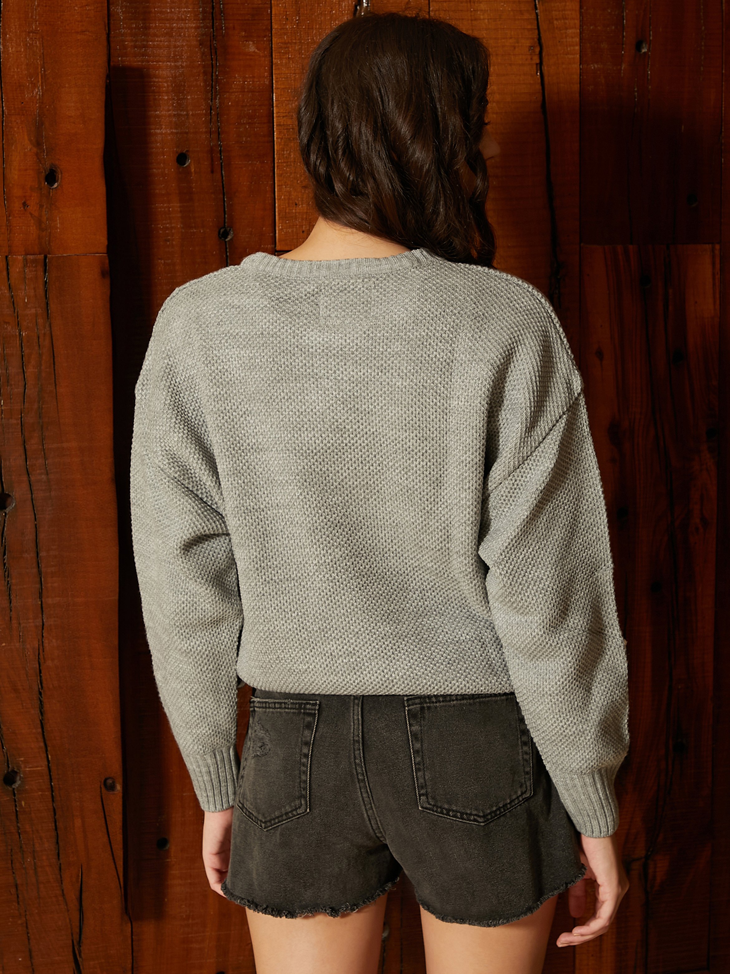 Grey Textured Pullover Sweater with Floral Appliques