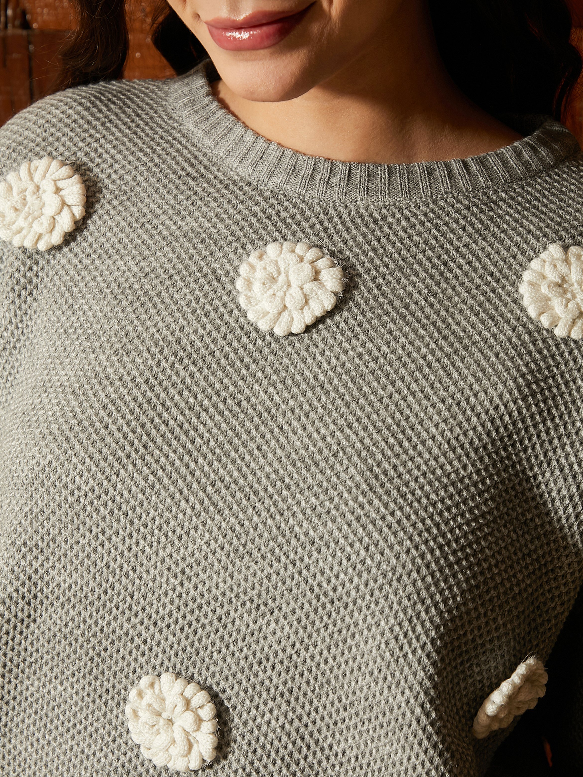 Grey Textured Pullover Sweater with Floral Appliques