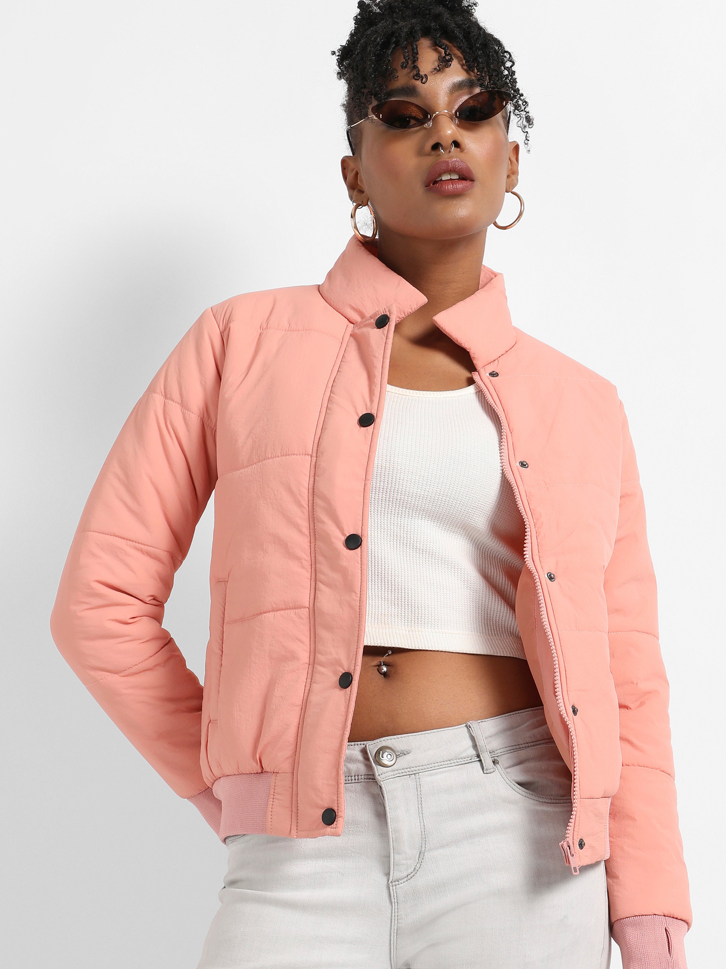Pink Puffer Jacket with Ribbed Cuffs