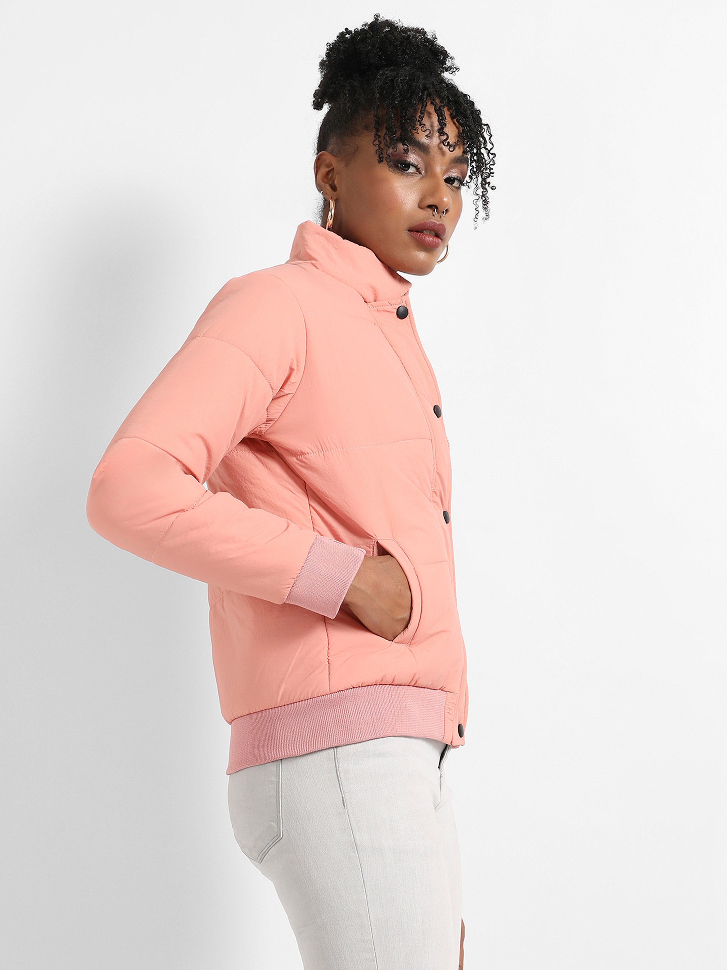 Pink Puffer Jacket with Ribbed Cuffs