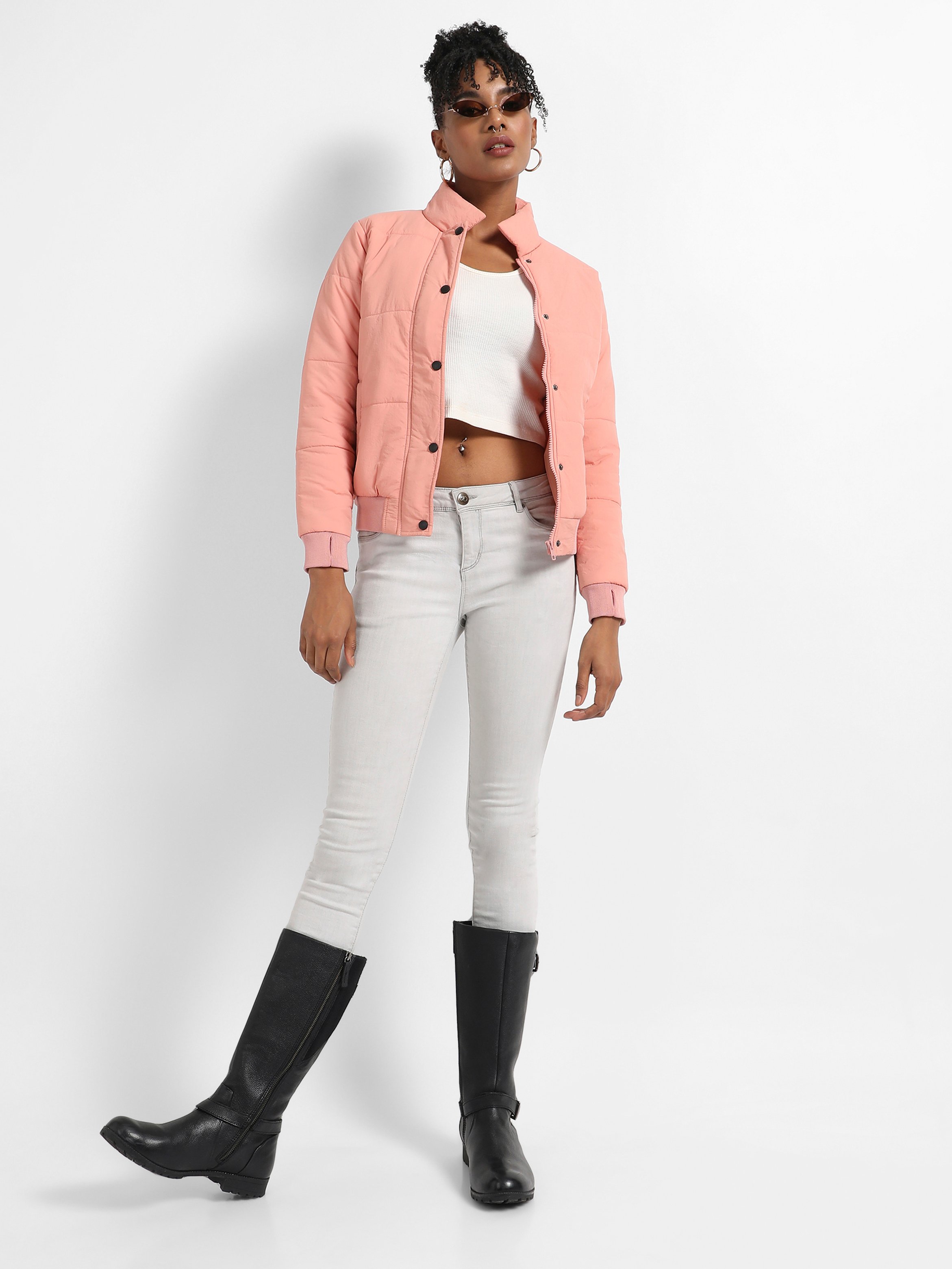 Pink Puffer Jacket with Ribbed Cuffs