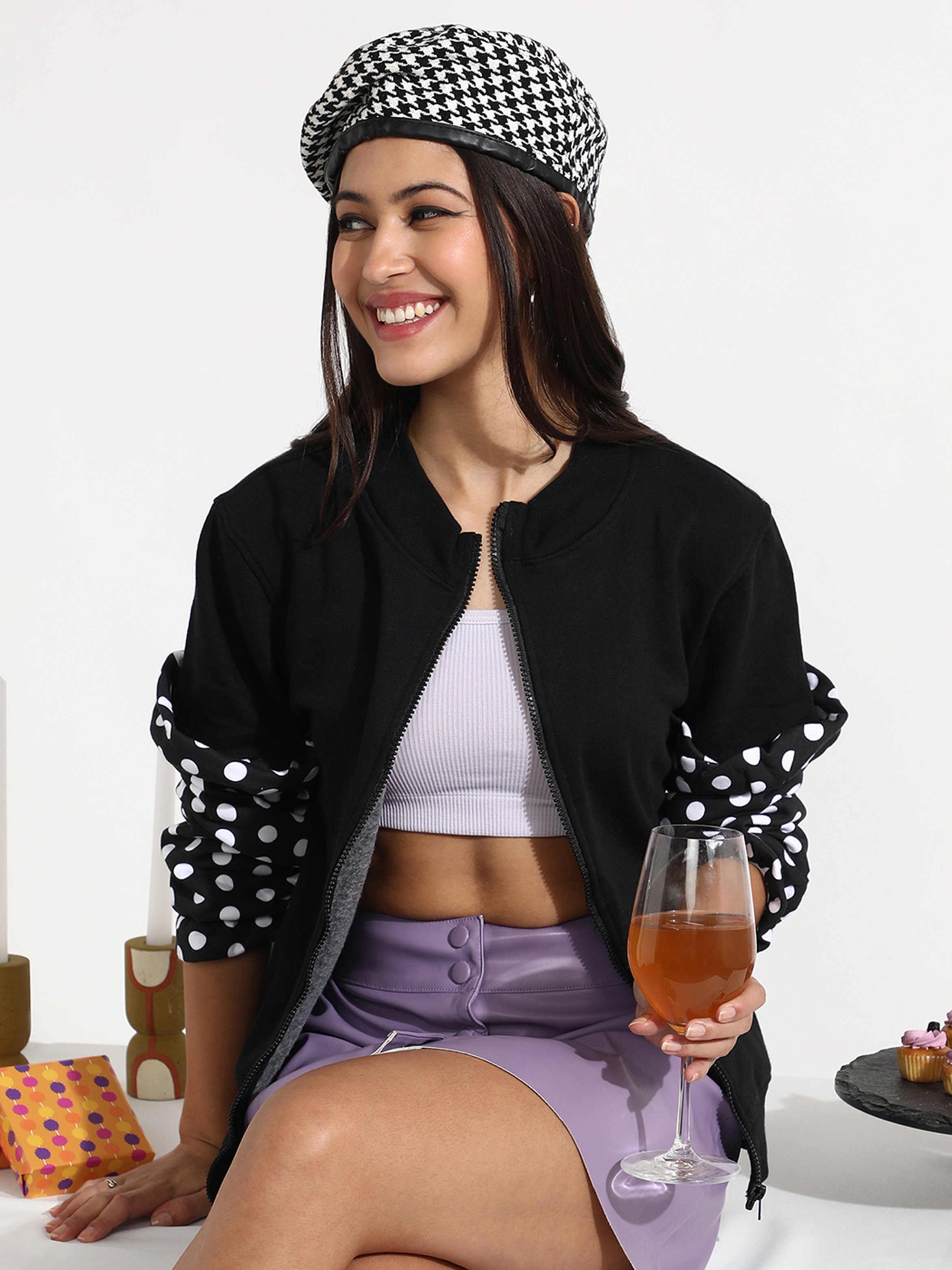 Black Regular Fit Zip-Up Sweatshirt with Polka Dot Cuffs