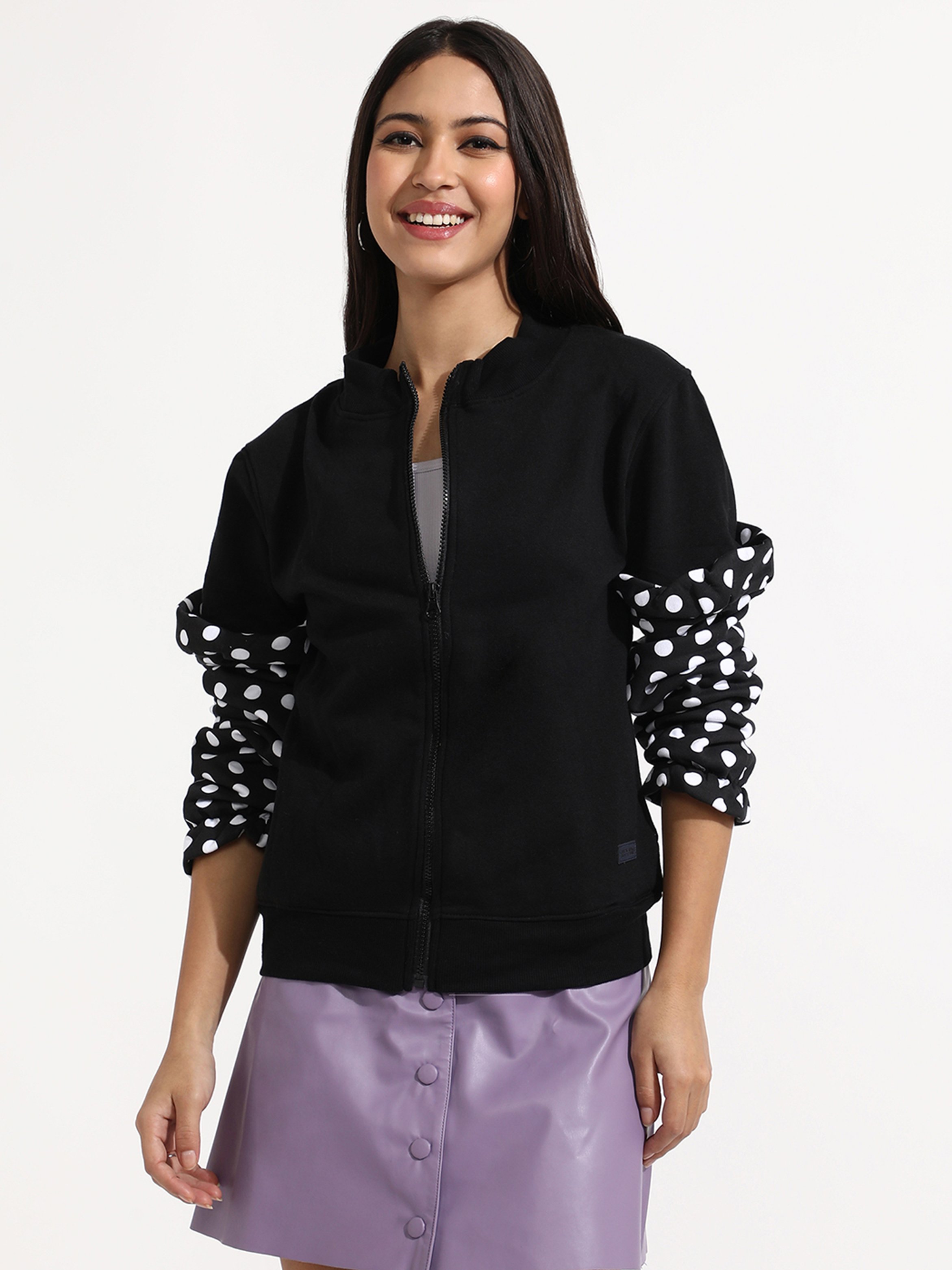 Black Regular Fit Zip-Up Sweatshirt with Polka Dot Cuffs