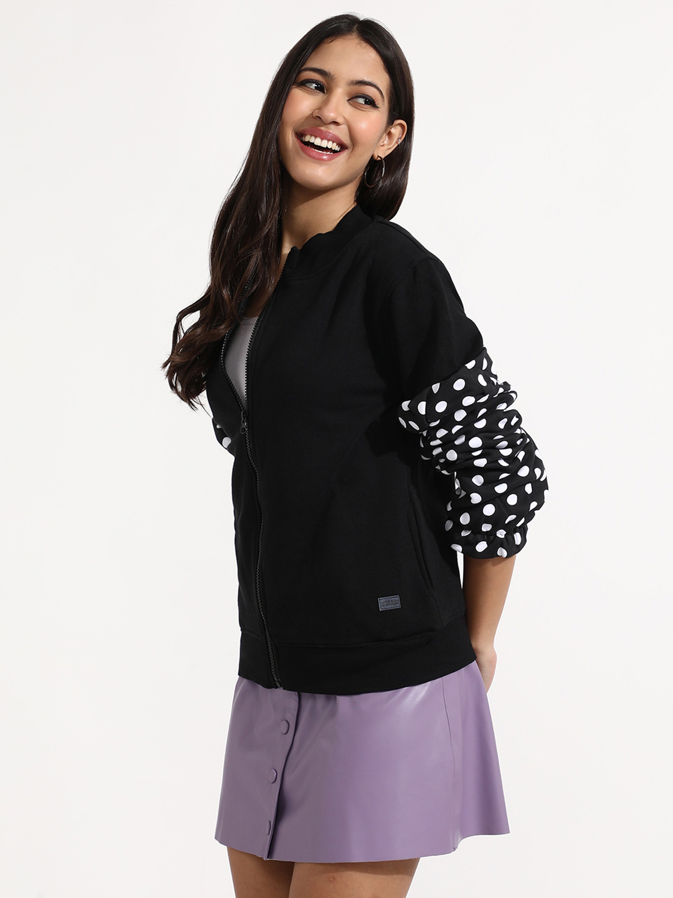 Black Regular Fit Zip-Up Sweatshirt with Polka Dot Cuffs