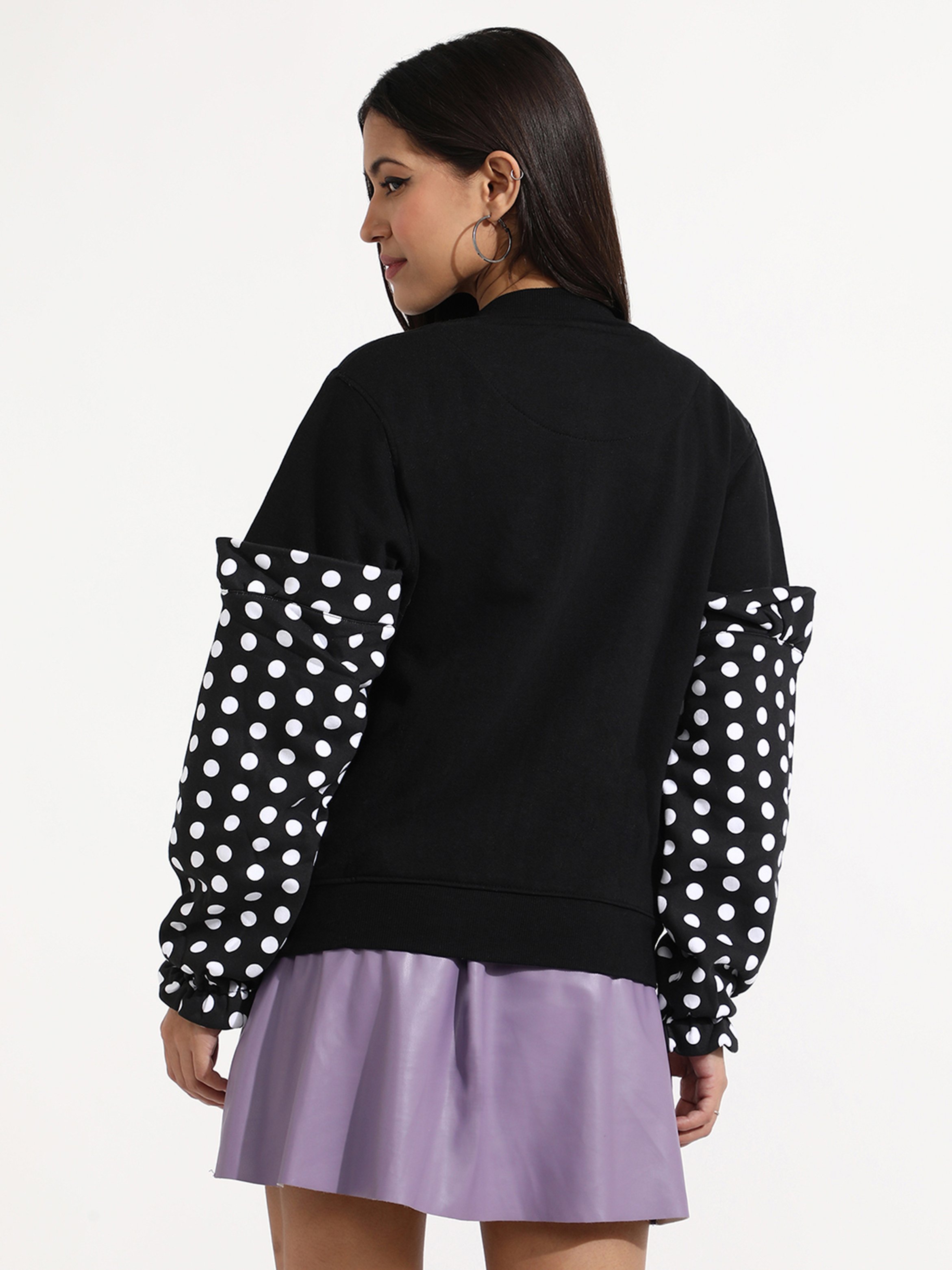 Black Regular Fit Zip-Up Sweatshirt with Polka Dot Cuffs