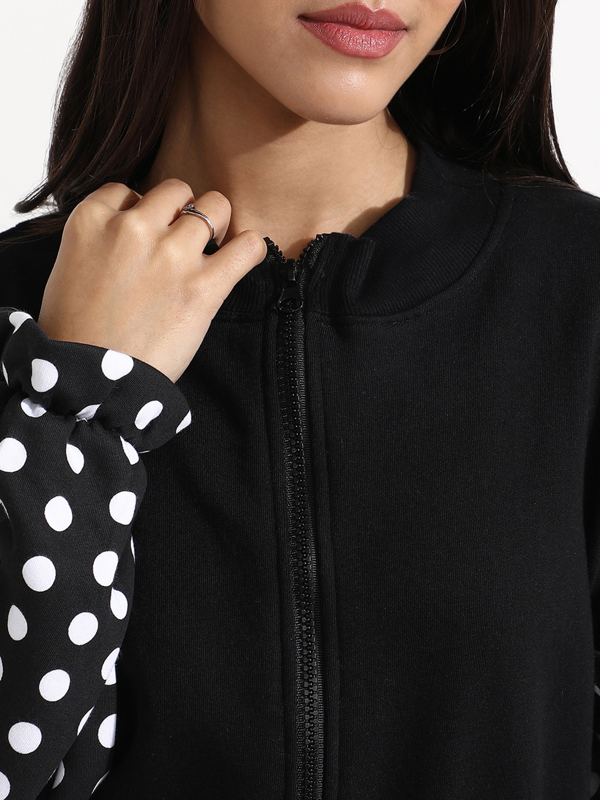 Black Regular Fit Zip-Up Sweatshirt with Polka Dot Cuffs