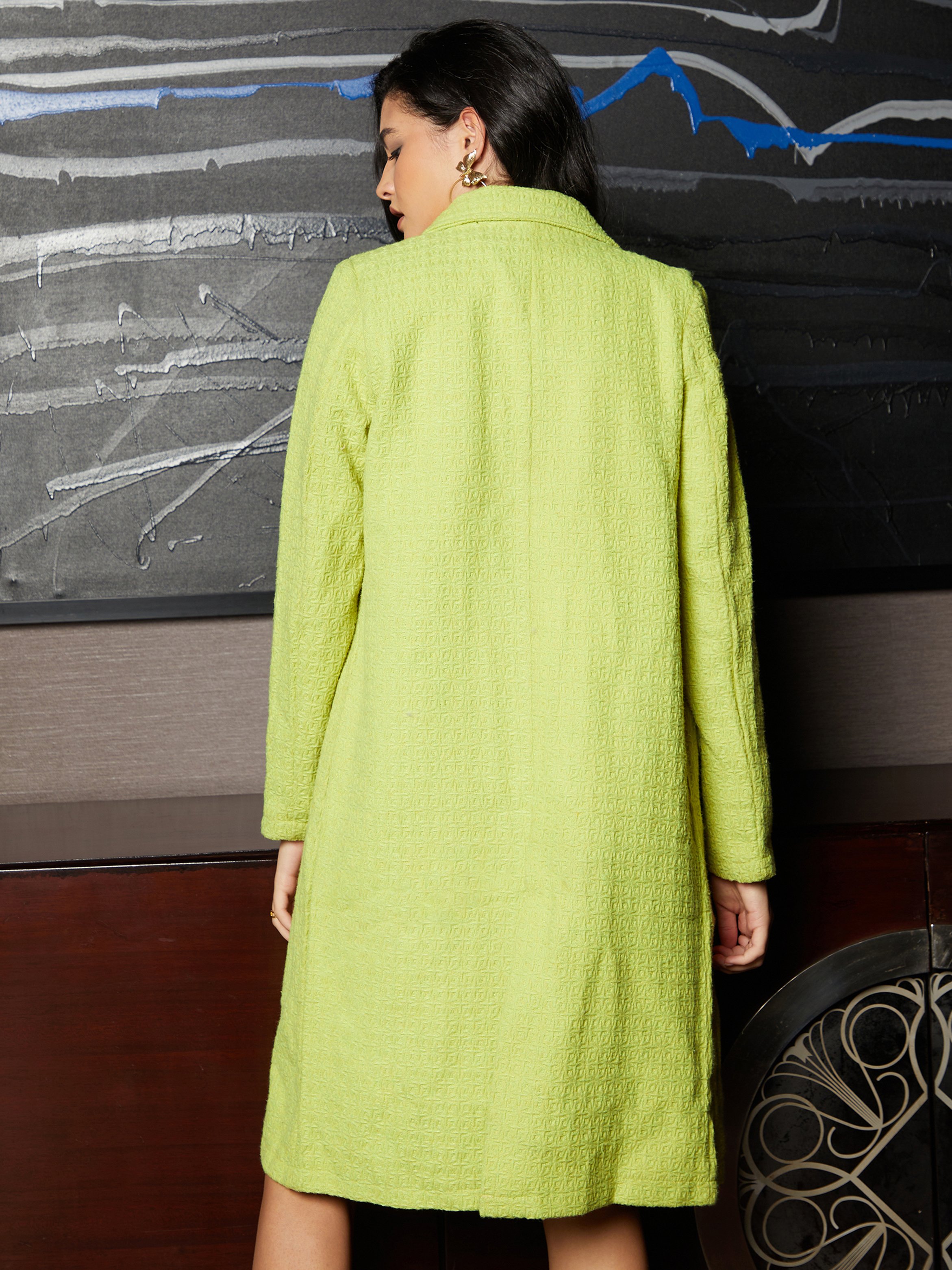 Textured Neon Green Double-Breasted Longline Coat