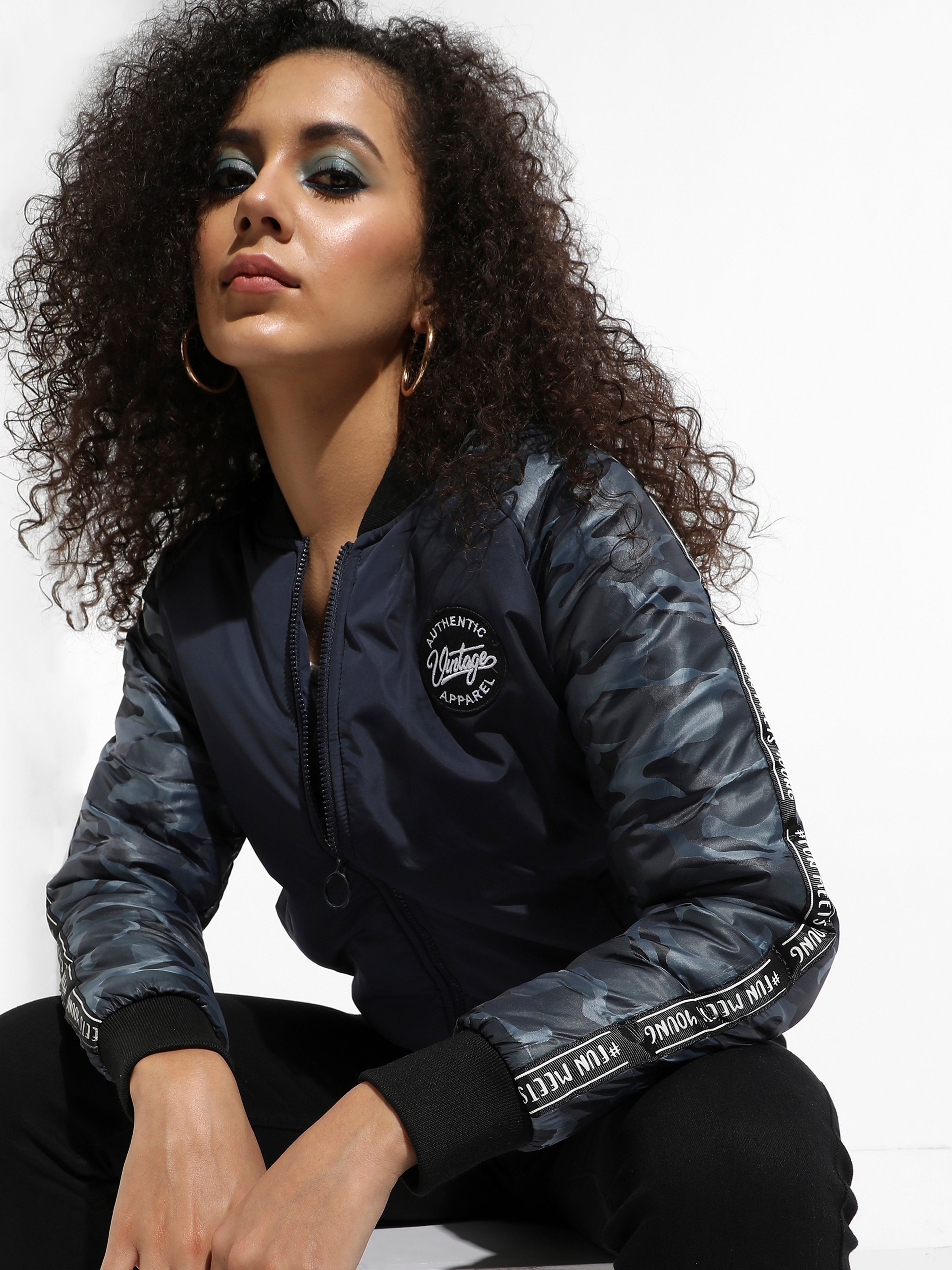 Navy Blue Camouflage Sleeve Bomber Jacket