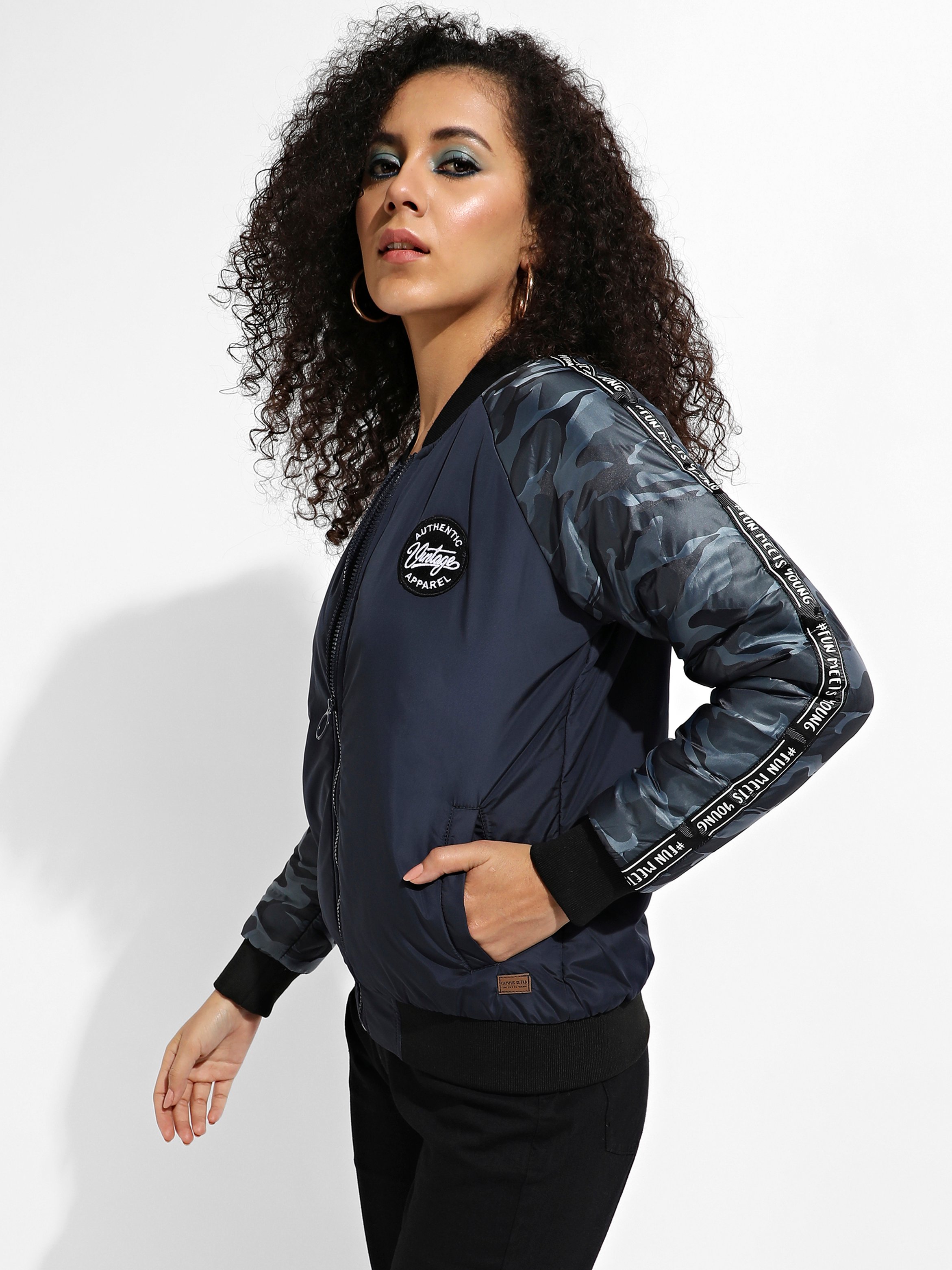 Navy Blue Camouflage Sleeve Bomber Jacket