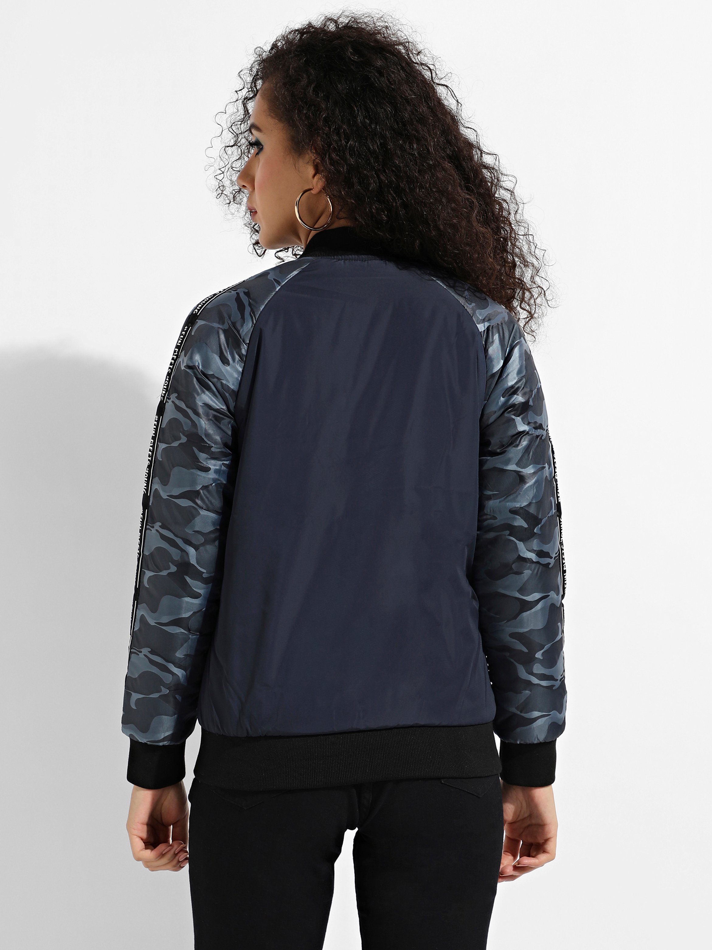 Navy Blue Camouflage Sleeve Bomber Jacket