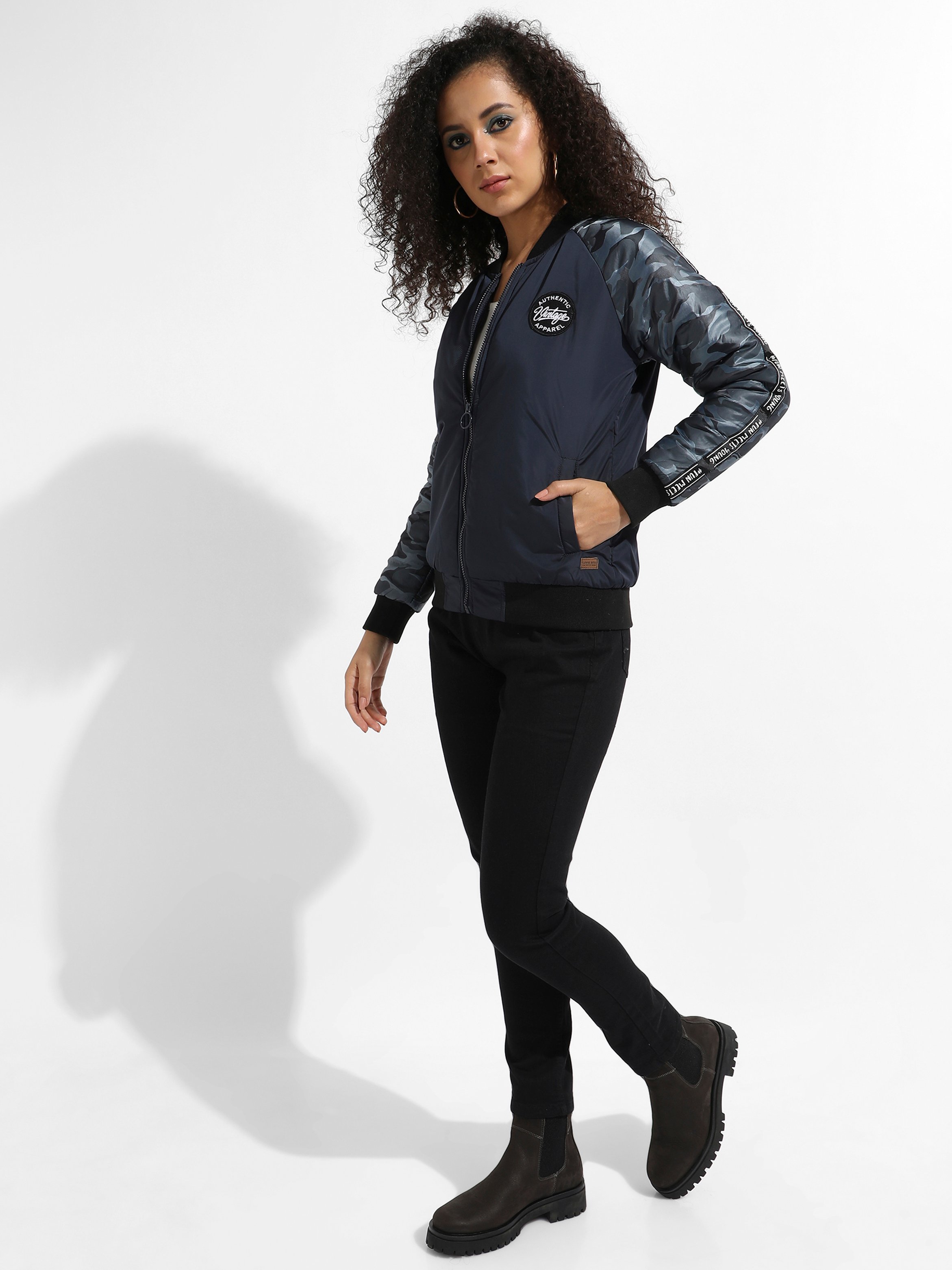 Navy Blue Camouflage Sleeve Bomber Jacket