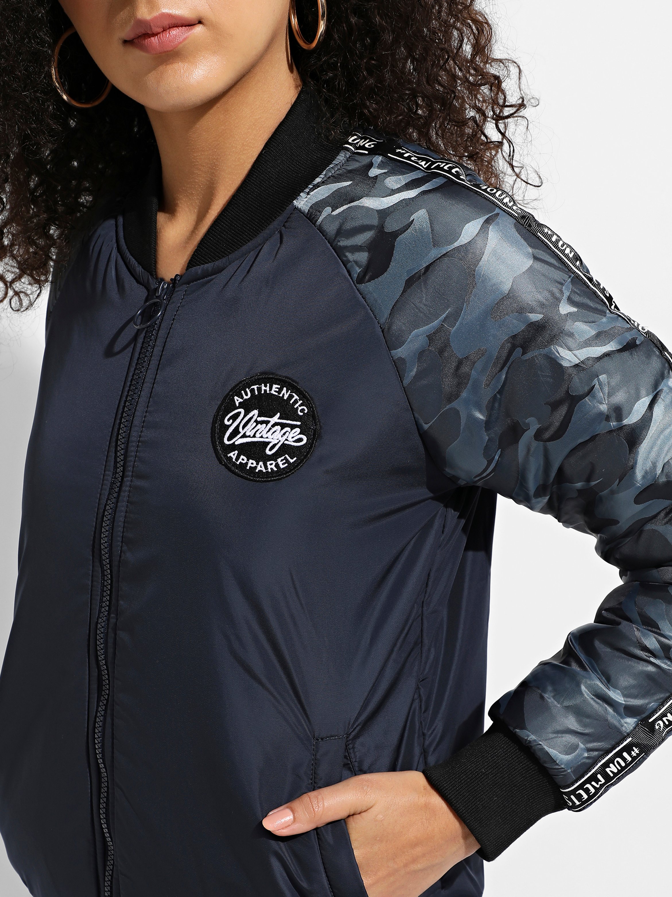 Navy Blue Camouflage Sleeve Bomber Jacket