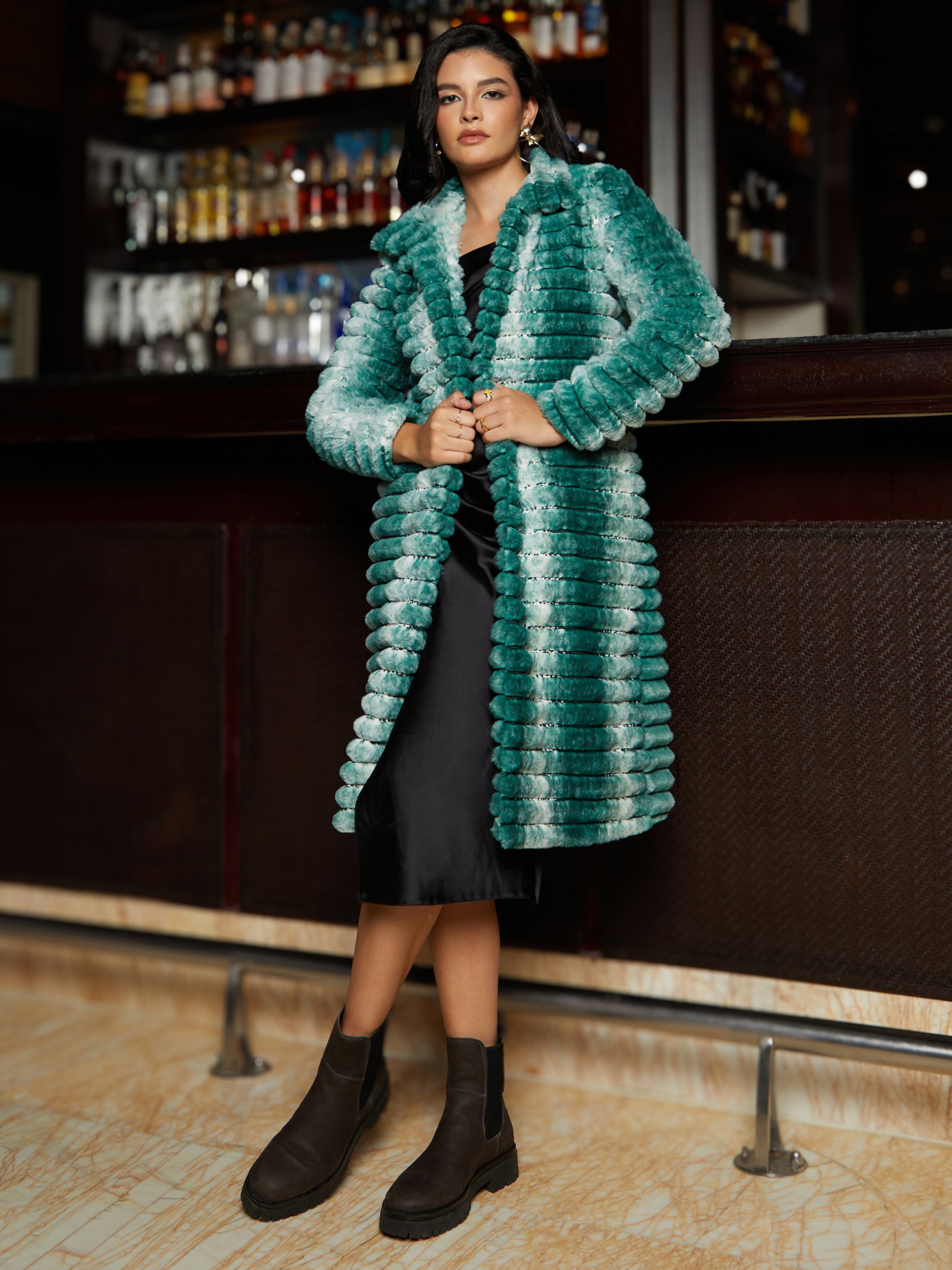 Teal Ombre Faux Fur Ripple Coat